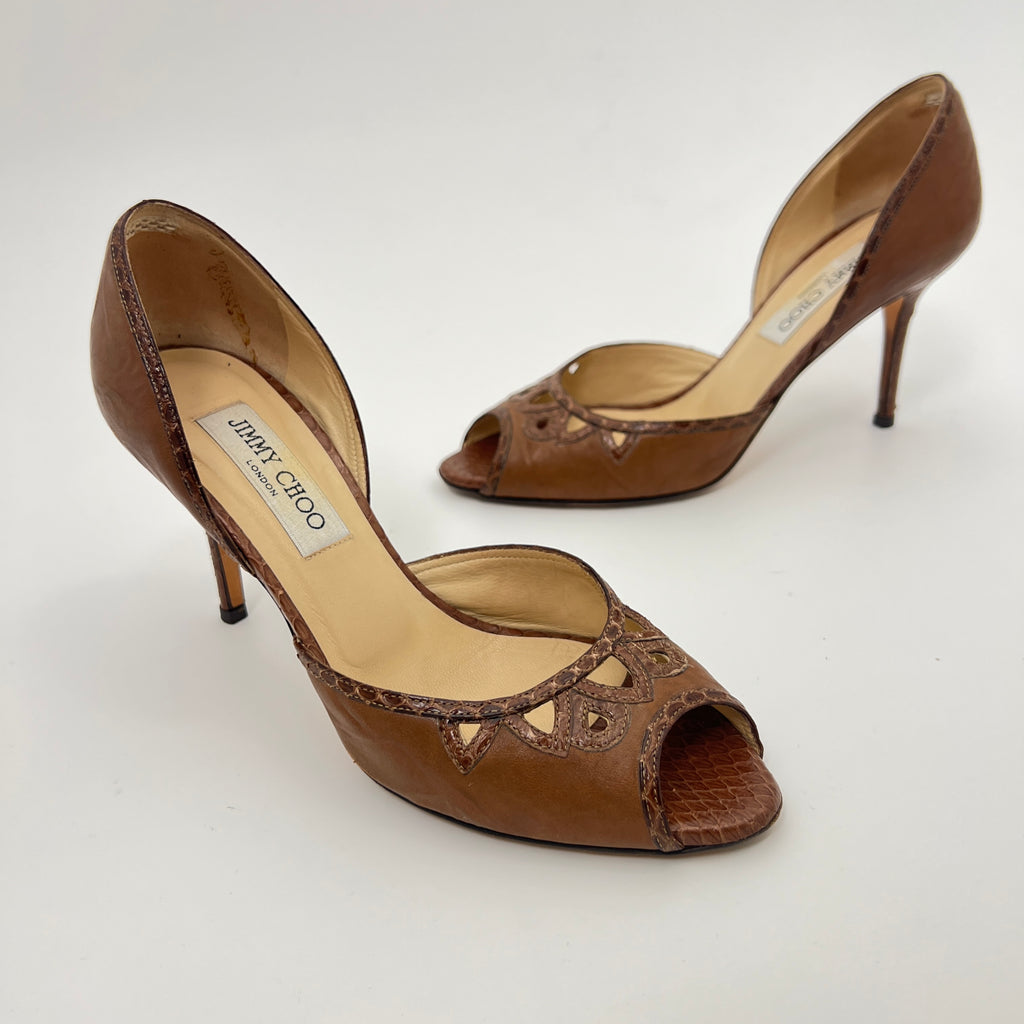 Jimmy Choo | Almond Brown Leather Elaphe Snake Peep Toe Stiletto D'Orsay (37.5)