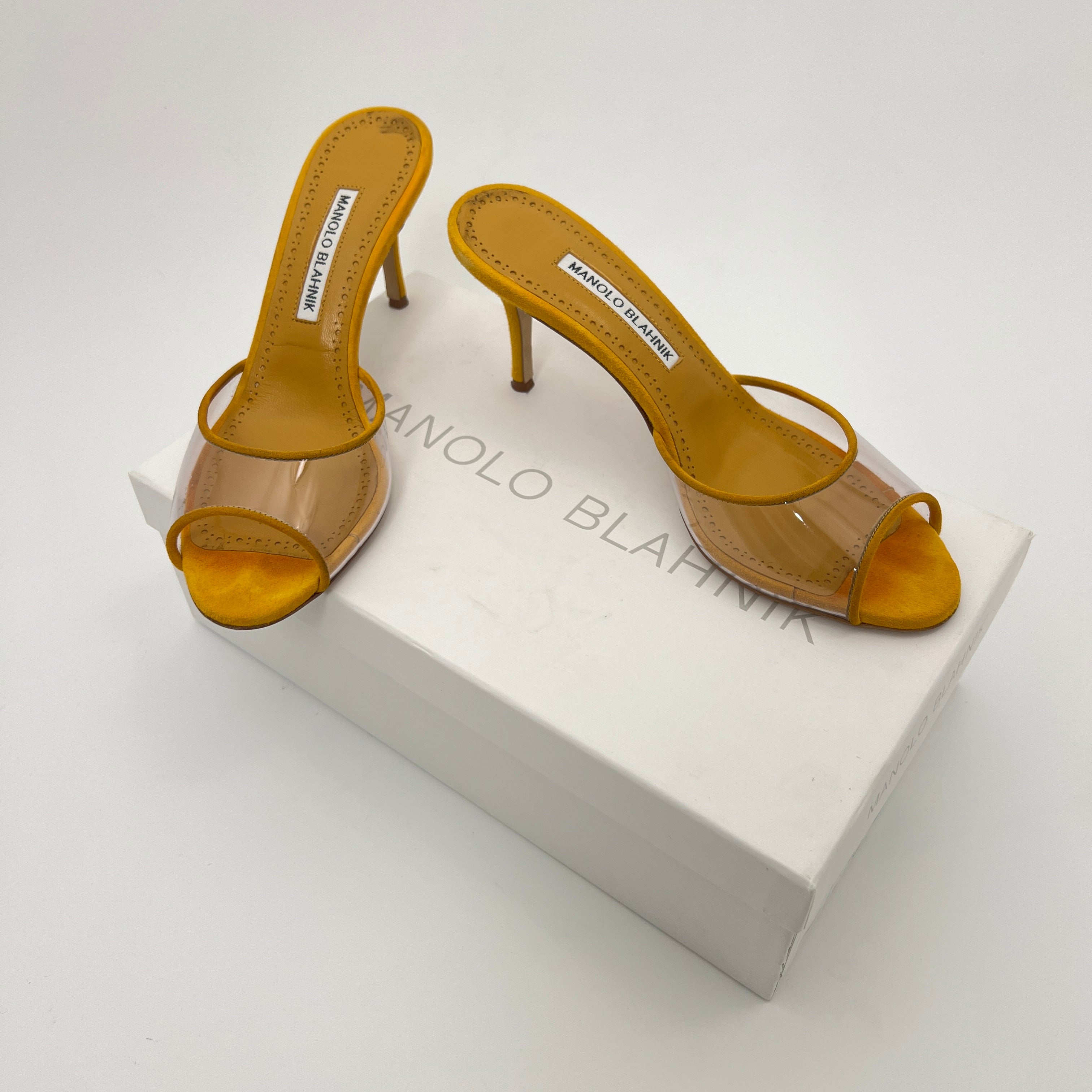 Manolo Blahnik | Jadifa 70 Orange Yellow Suede Leather PVC Mules (36.5)