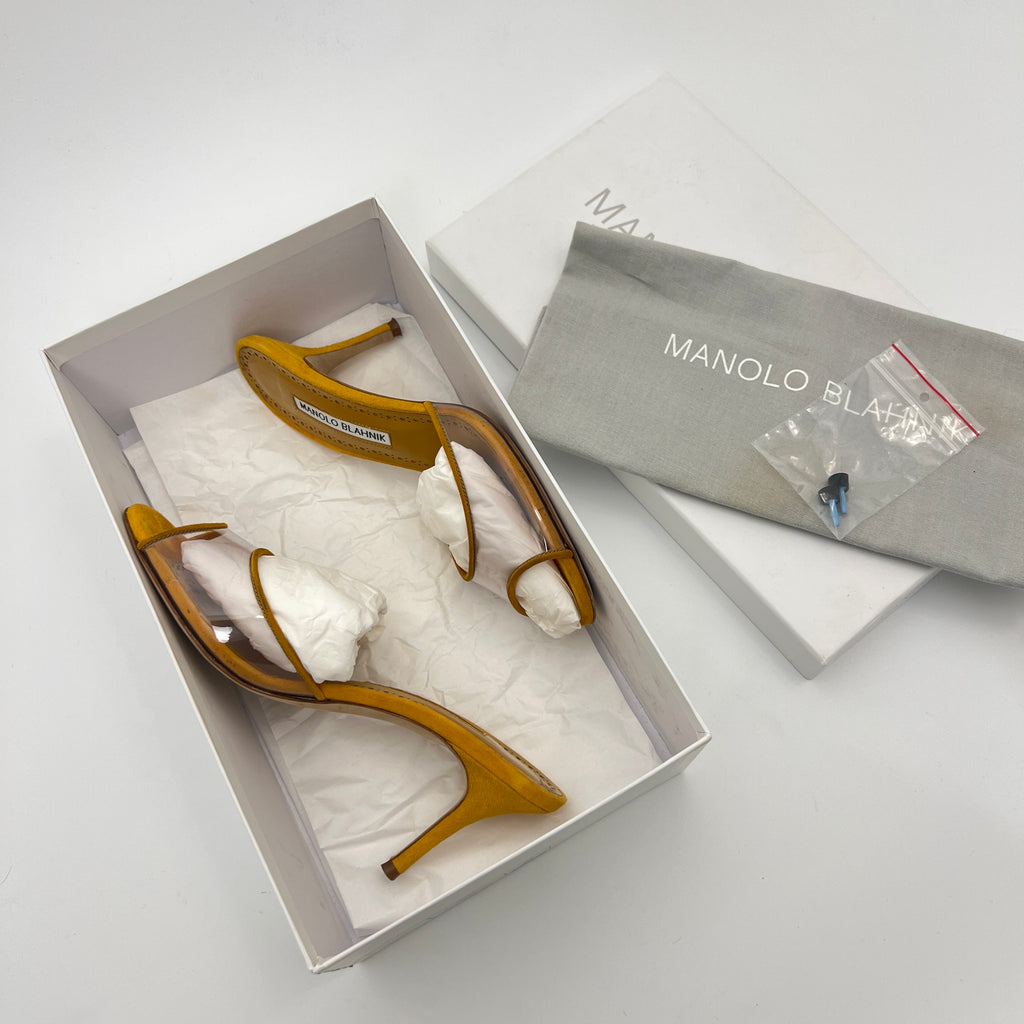 Manolo Blahnik | Jadifa 70 Orange Yellow Suede Leather PVC Mules (36.5)
