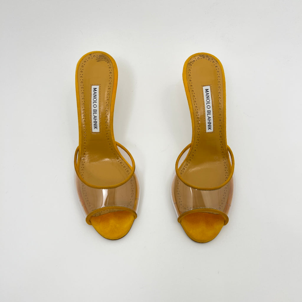 Manolo Blahnik | Jadifa 70 Orange Yellow Suede Leather PVC Mules (36.5)