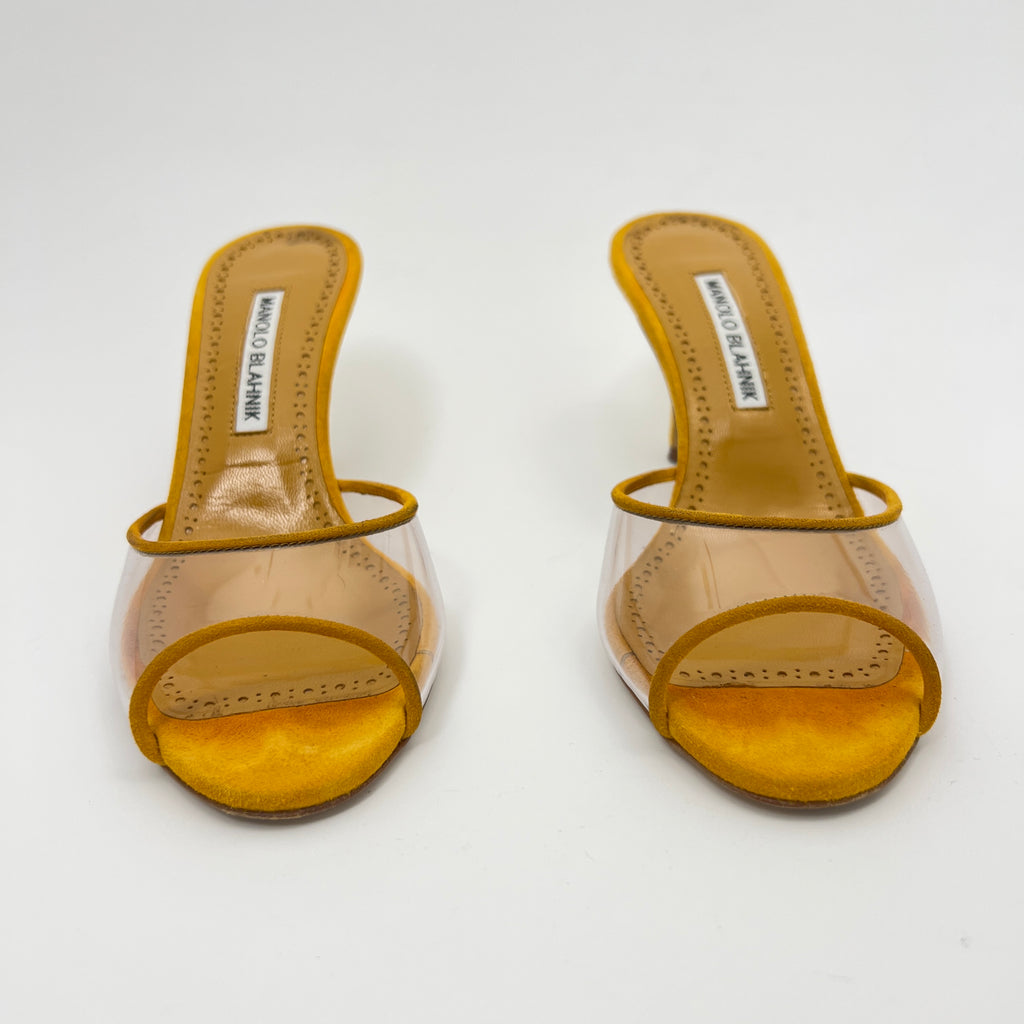 Manolo Blahnik | Jadifa 70 Orange Yellow Suede Leather PVC Mules (36.5)