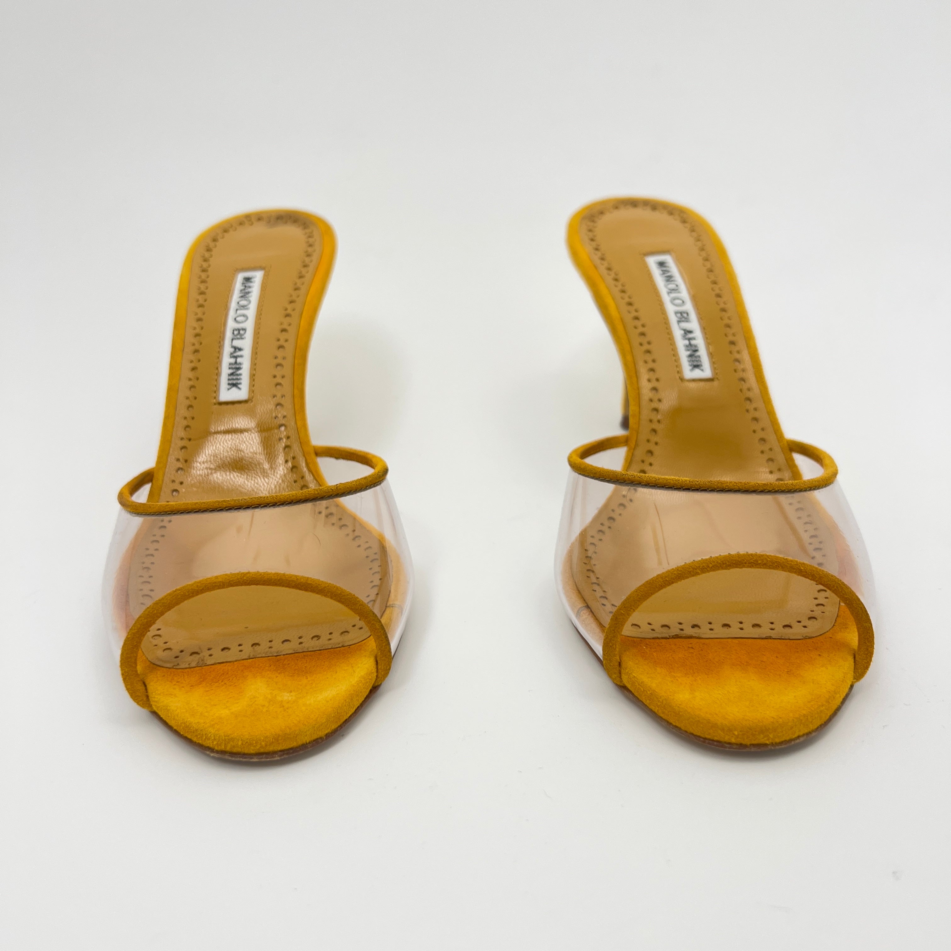 Manolo Blahnik | Jadifa 70 Orange Yellow Suede Leather PVC Mules (36.5)