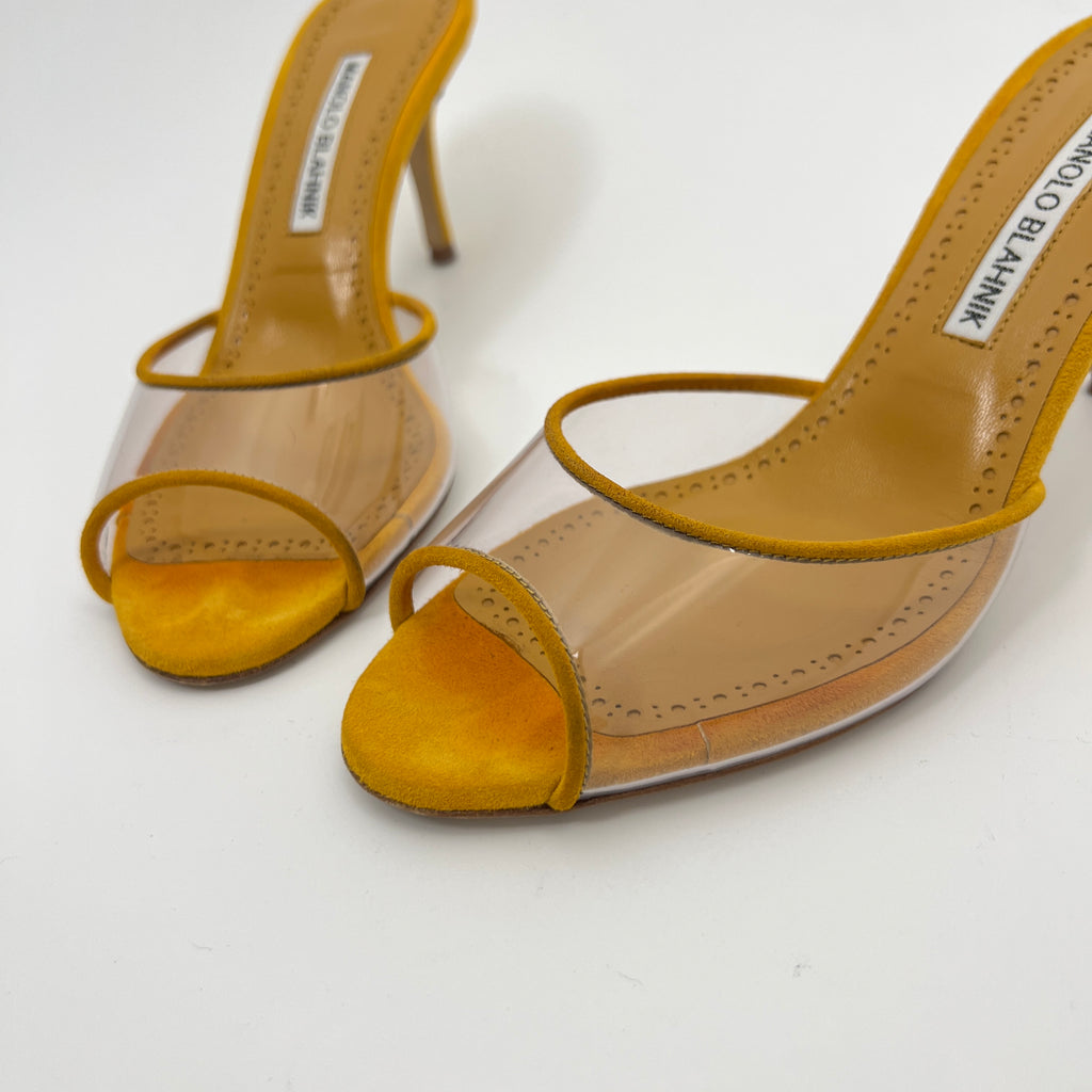Manolo Blahnik | Jadifa 70 Orange Yellow Suede Leather PVC Mules (36.5)