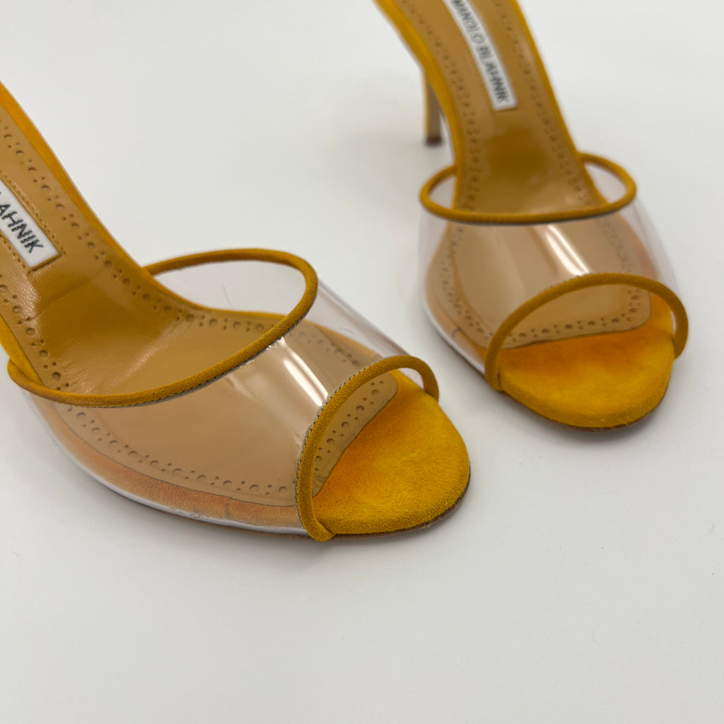 Manolo Blahnik | Jadifa 70 Orange Yellow Suede Leather PVC Mules (36.5)