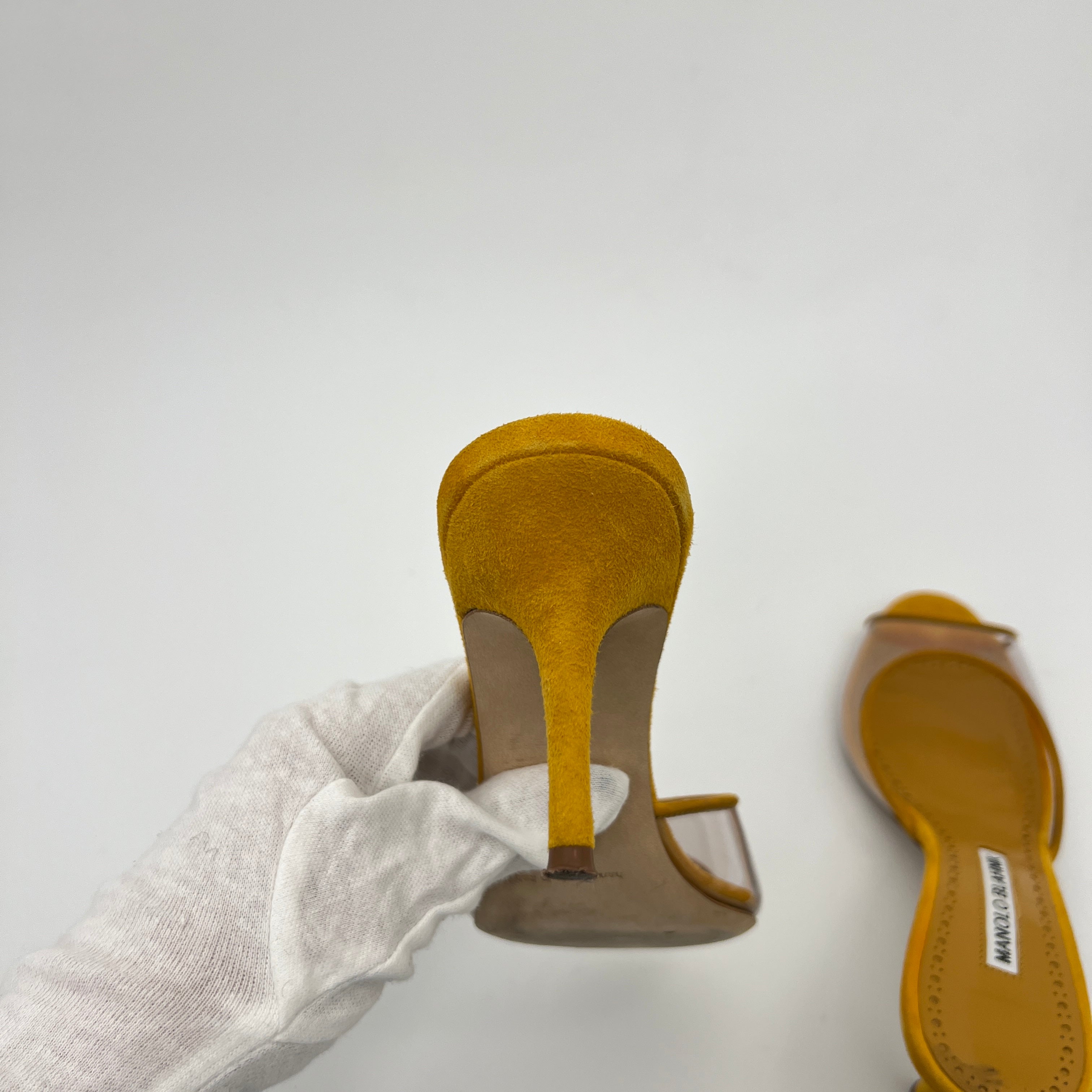 Manolo Blahnik | Jadifa 70 Orange Yellow Suede Leather PVC Mules (36.5)