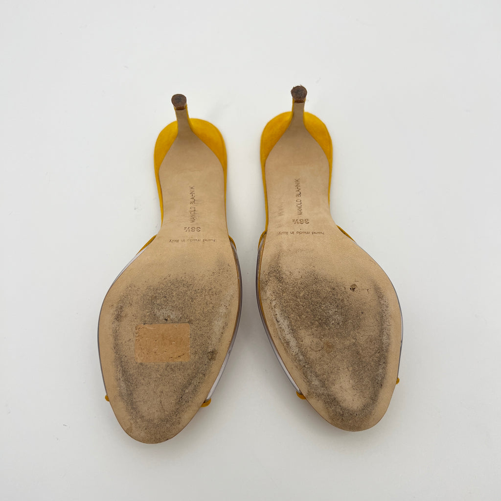 Manolo Blahnik | Jadifa 70 Orange Yellow Suede Leather PVC Mules (36.5)
