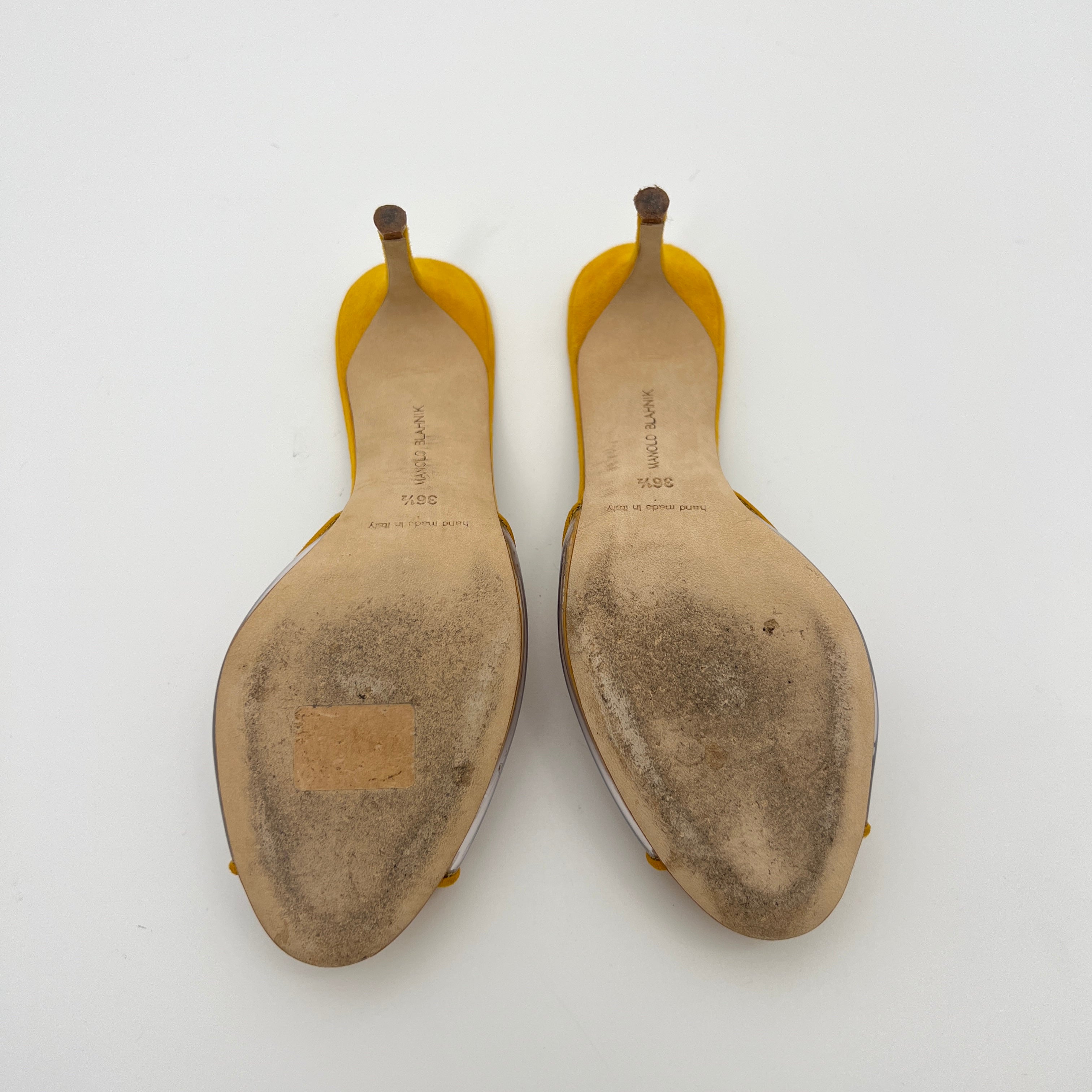 Manolo Blahnik | Jadifa 70 Orange Yellow Suede Leather PVC Mules (36.5)