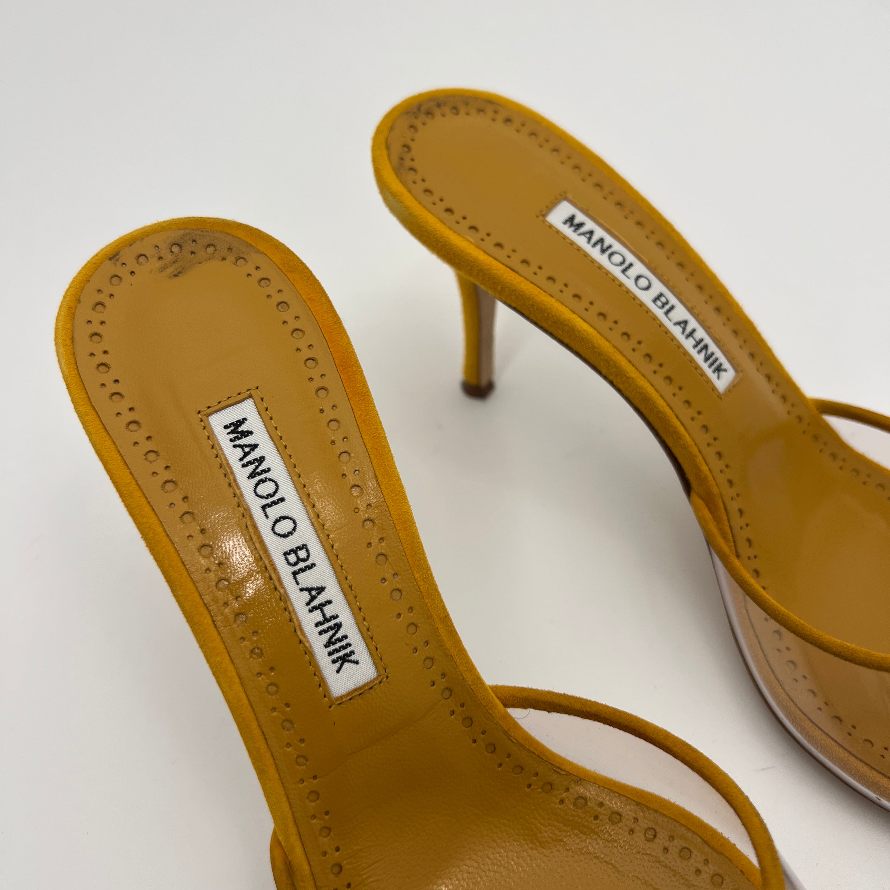 Manolo Blahnik | Jadifa 70 Orange Yellow Suede Leather PVC Mules (36.5)