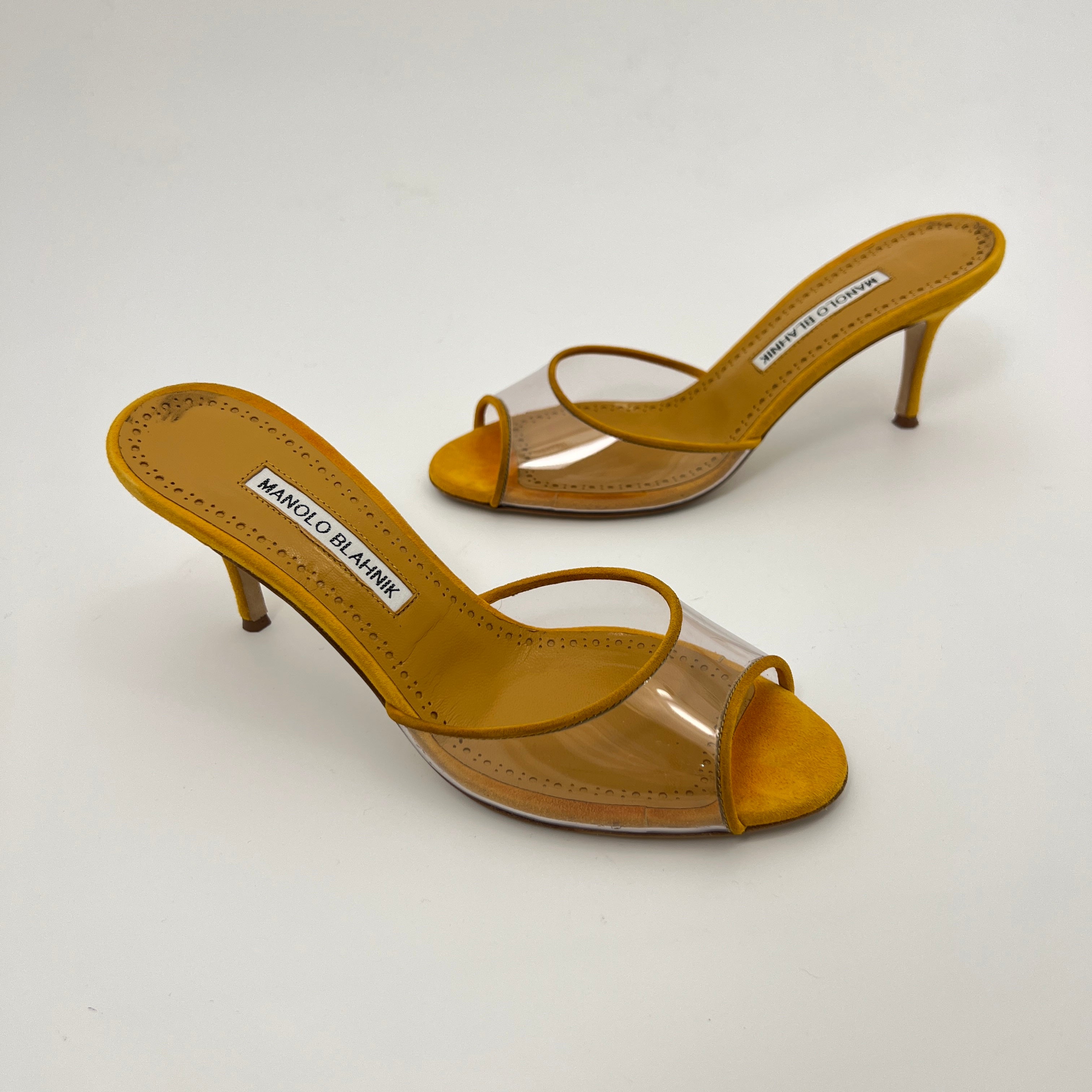 Manolo Blahnik | Jadifa 70 Orange Yellow Suede Leather PVC Mules (36.5)