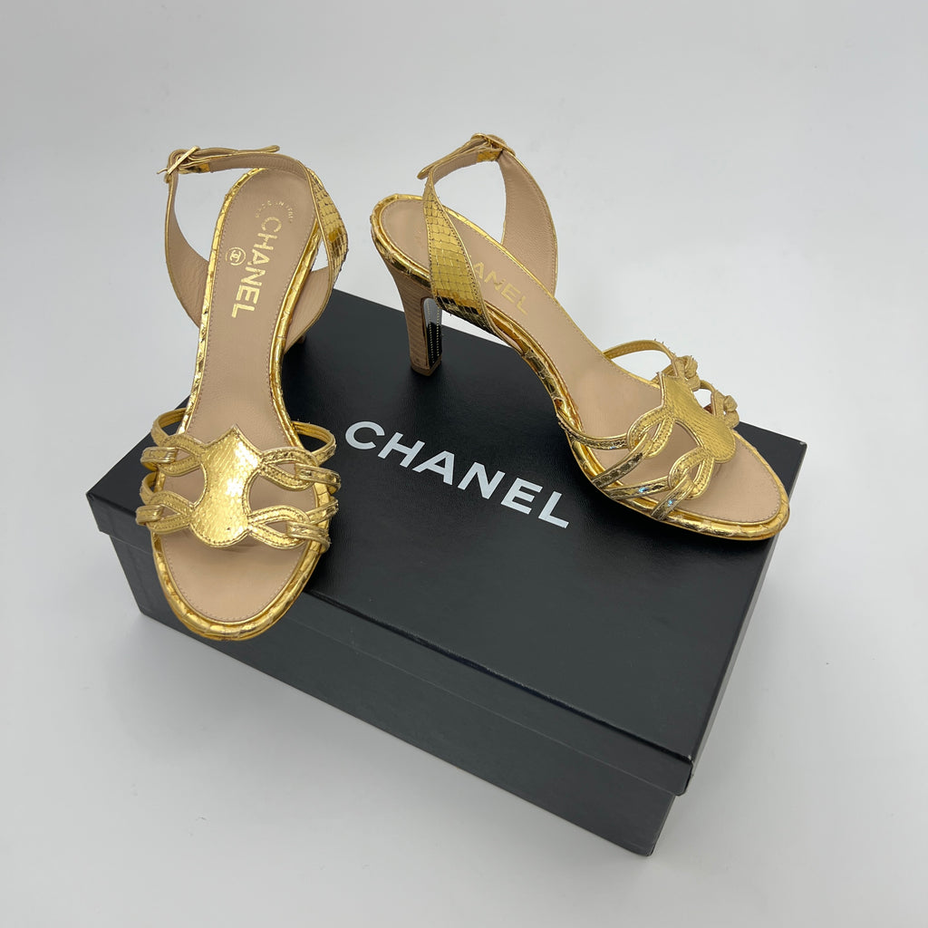 Chanel | Gold Metallic Snake Leather CC Logo Slingback Sandal Heels (37)
