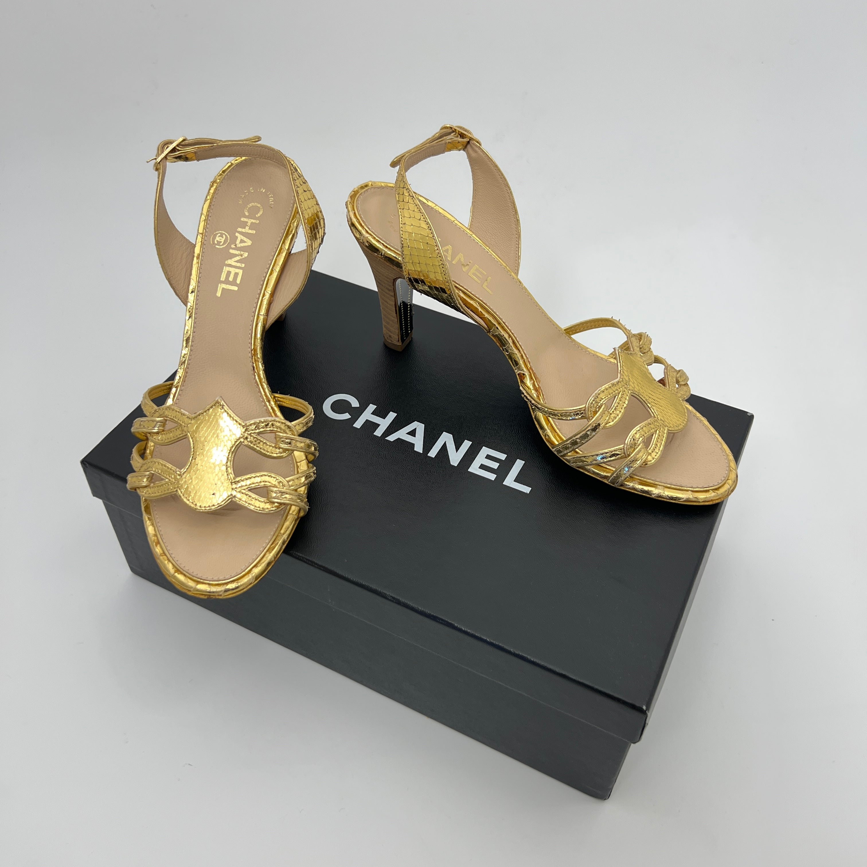 Chanel | Gold Metallic Snake Leather CC Logo Slingback Sandal Heels (37)
