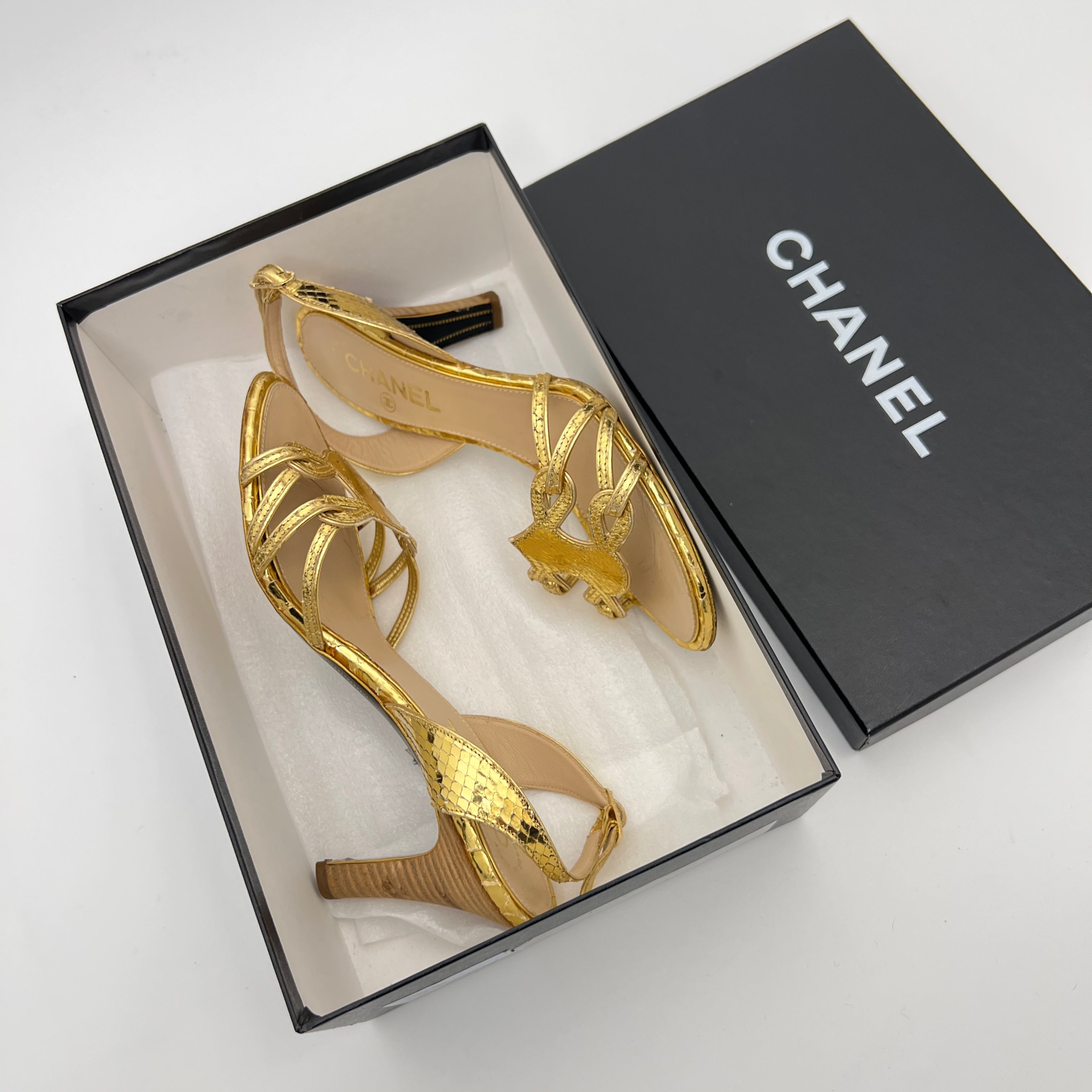 Chanel | Gold Metallic Snake Leather CC Logo Slingback Sandal Heels (37)