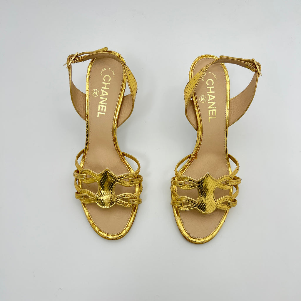Chanel | Gold Metallic Snake Leather CC Logo Slingback Sandal Heels (37)