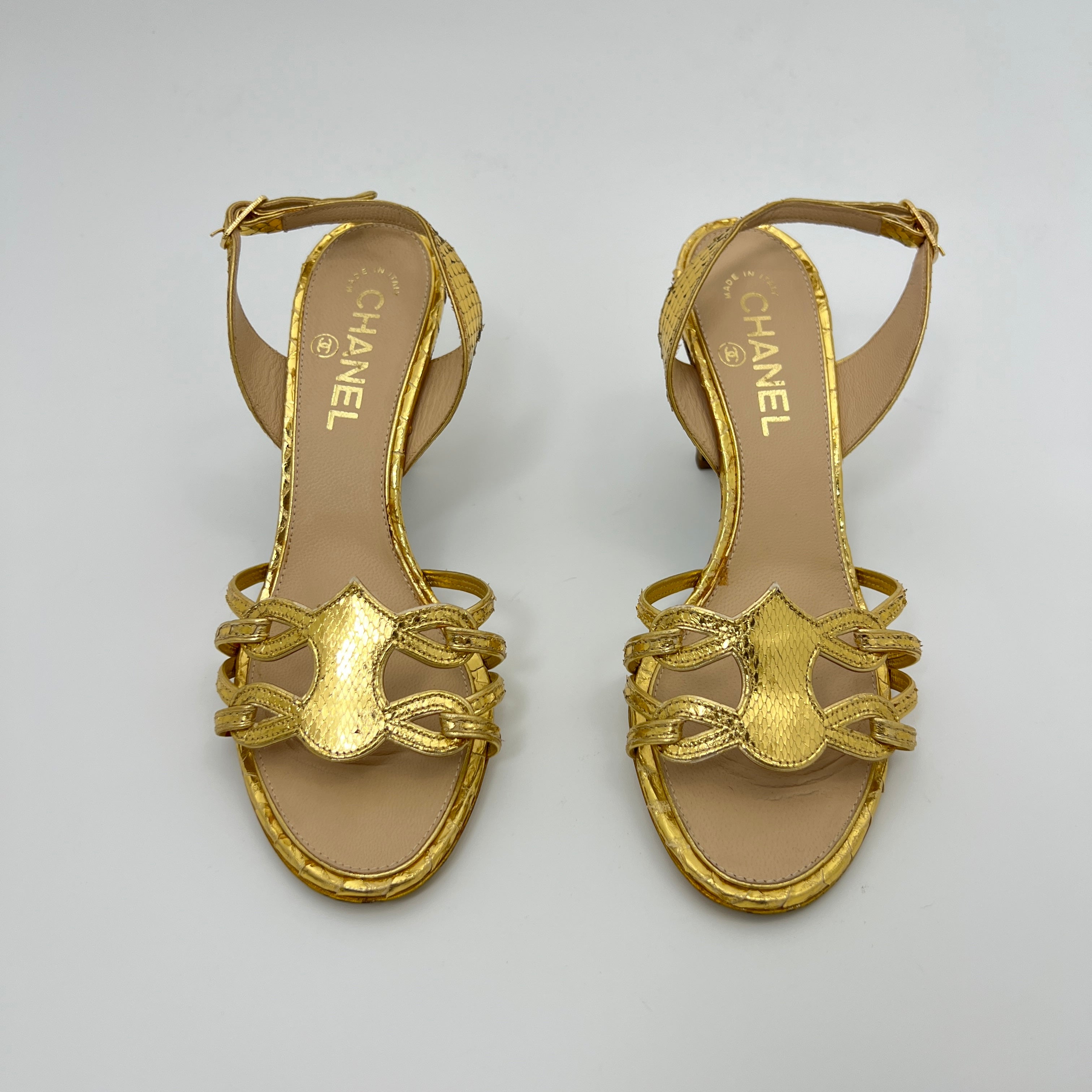 Chanel | Gold Metallic Snake Leather CC Logo Slingback Sandal Heels (37)