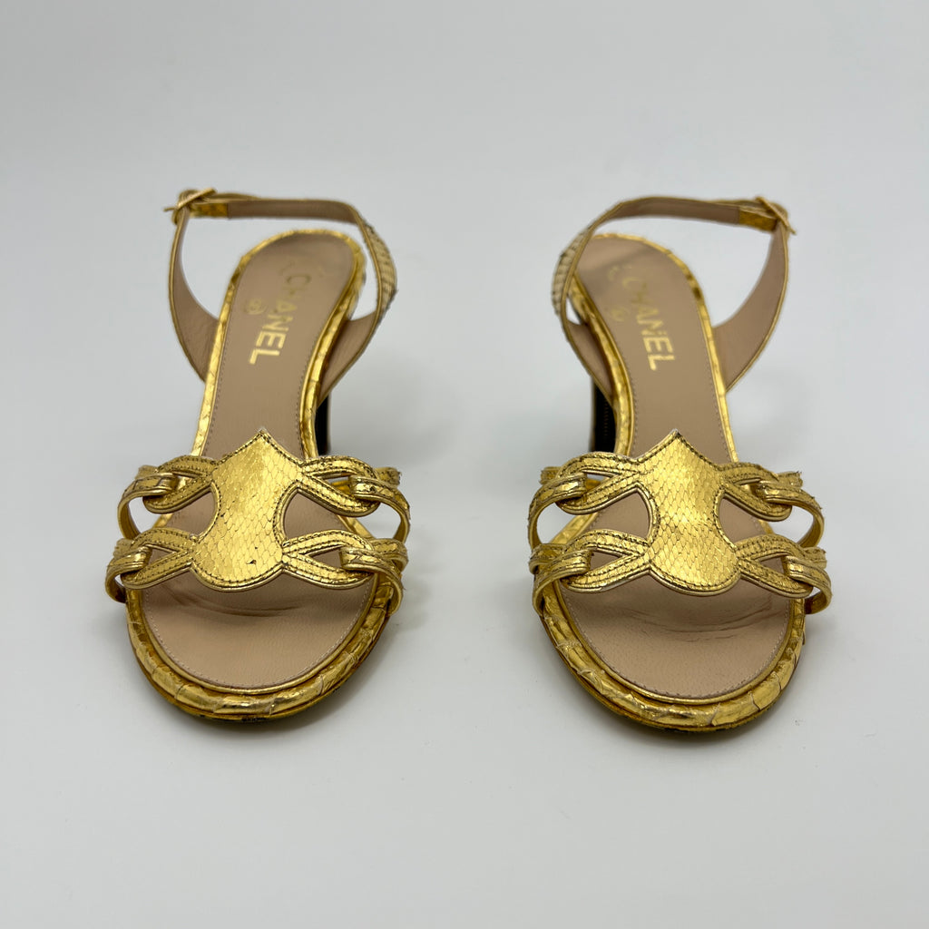 Chanel | Gold Metallic Snake Leather CC Logo Slingback Sandal Heels (37)
