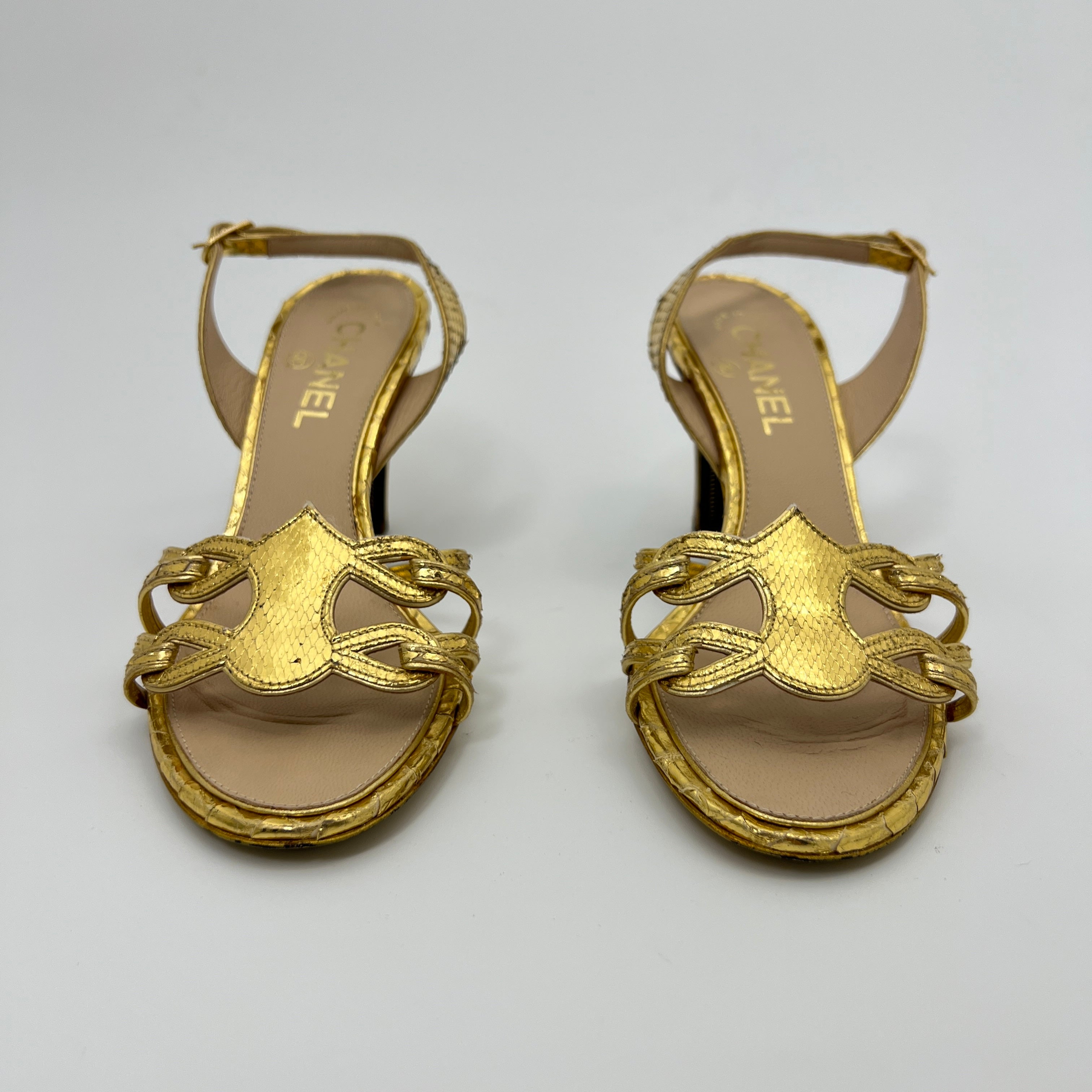 Chanel | Gold Metallic Snake Leather CC Logo Slingback Sandal Heels (37)