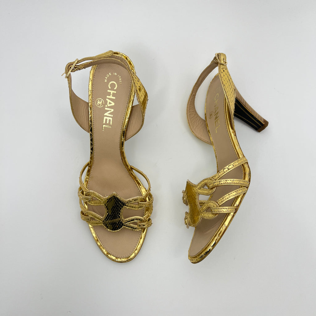 Chanel | Gold Metallic Snake Leather CC Logo Slingback Sandal Heels (37)