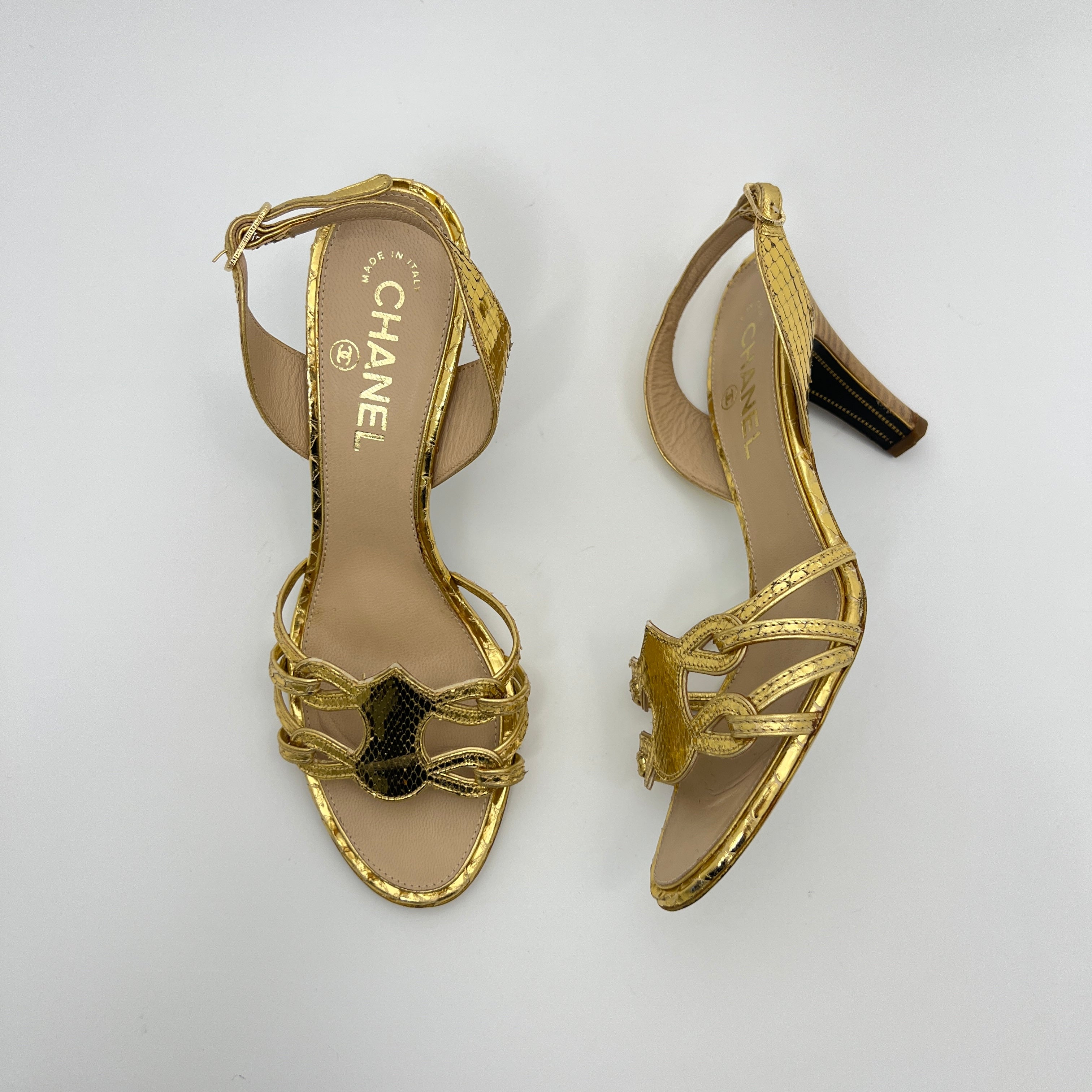 Chanel | Gold Metallic Snake Leather CC Logo Slingback Sandal Heels (37)