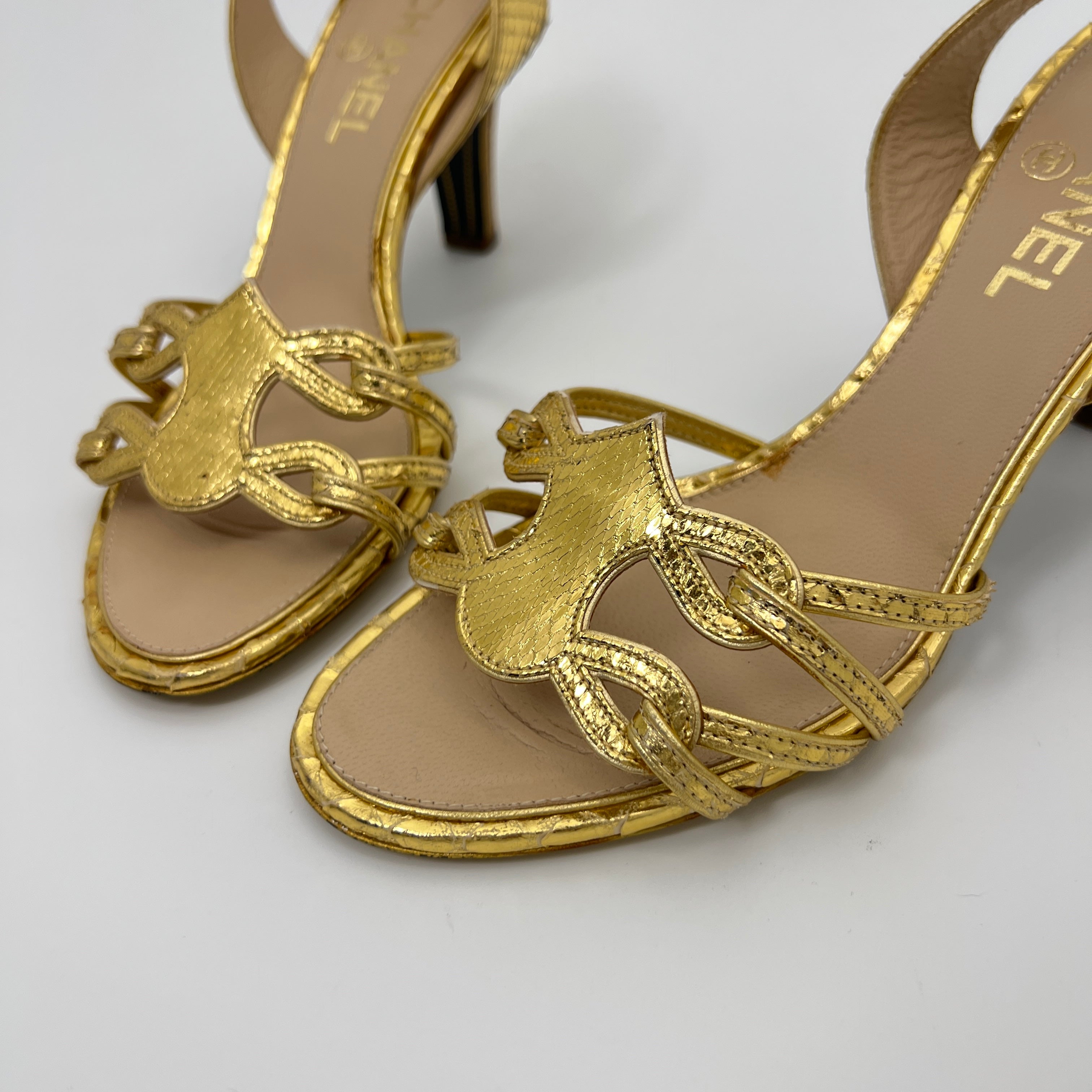 Chanel | Gold Metallic Snake Leather CC Logo Slingback Sandal Heels (37)