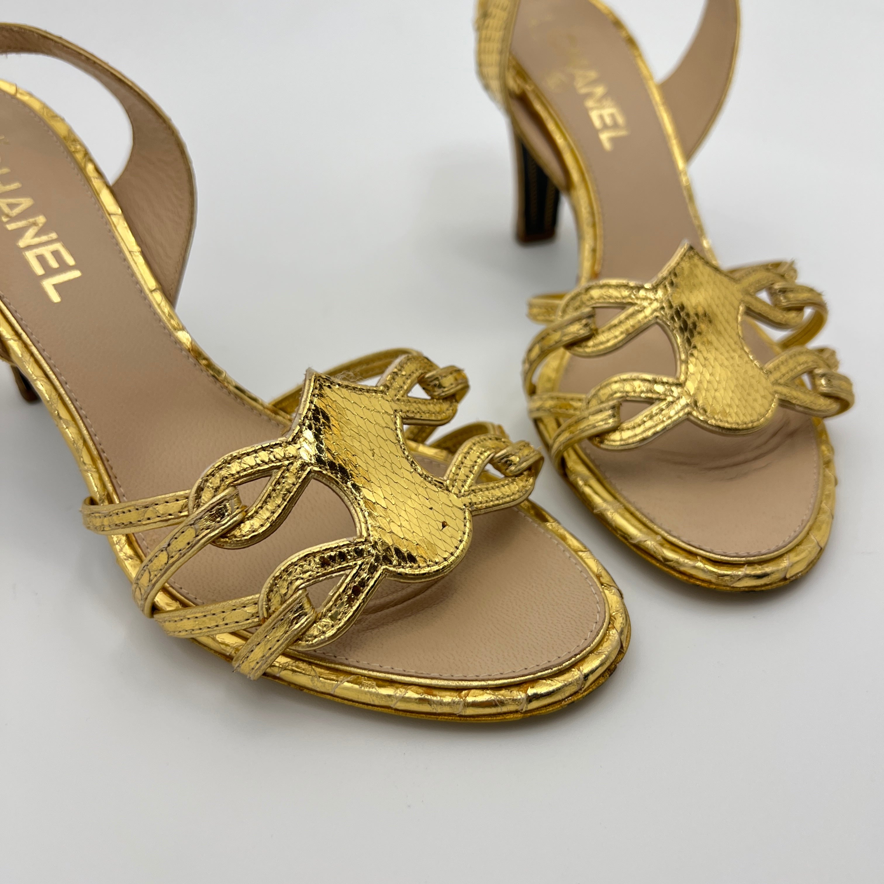Chanel | Gold Metallic Snake Leather CC Logo Slingback Sandal Heels (37)