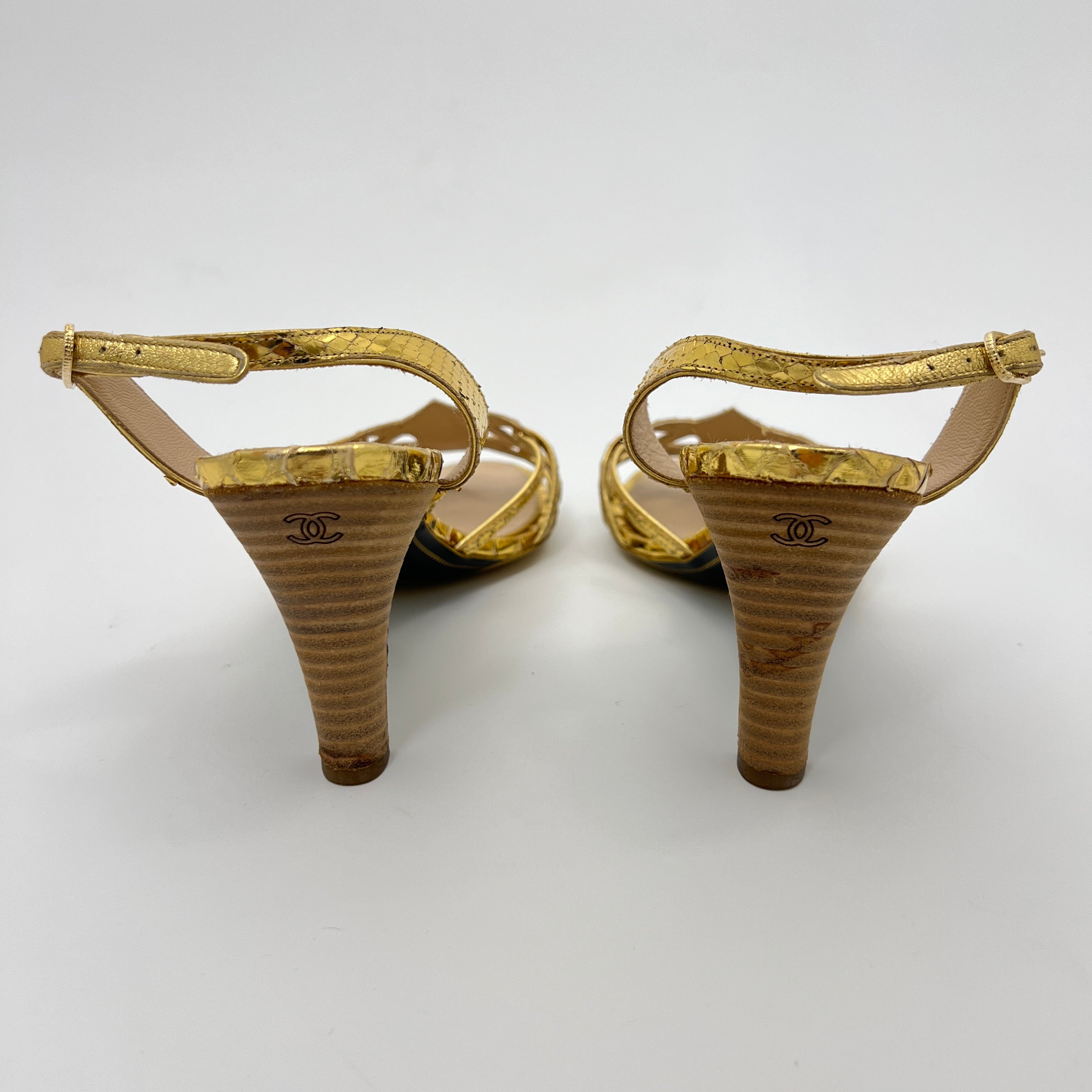 Chanel | Gold Metallic Snake Leather CC Logo Slingback Sandal Heels (37)