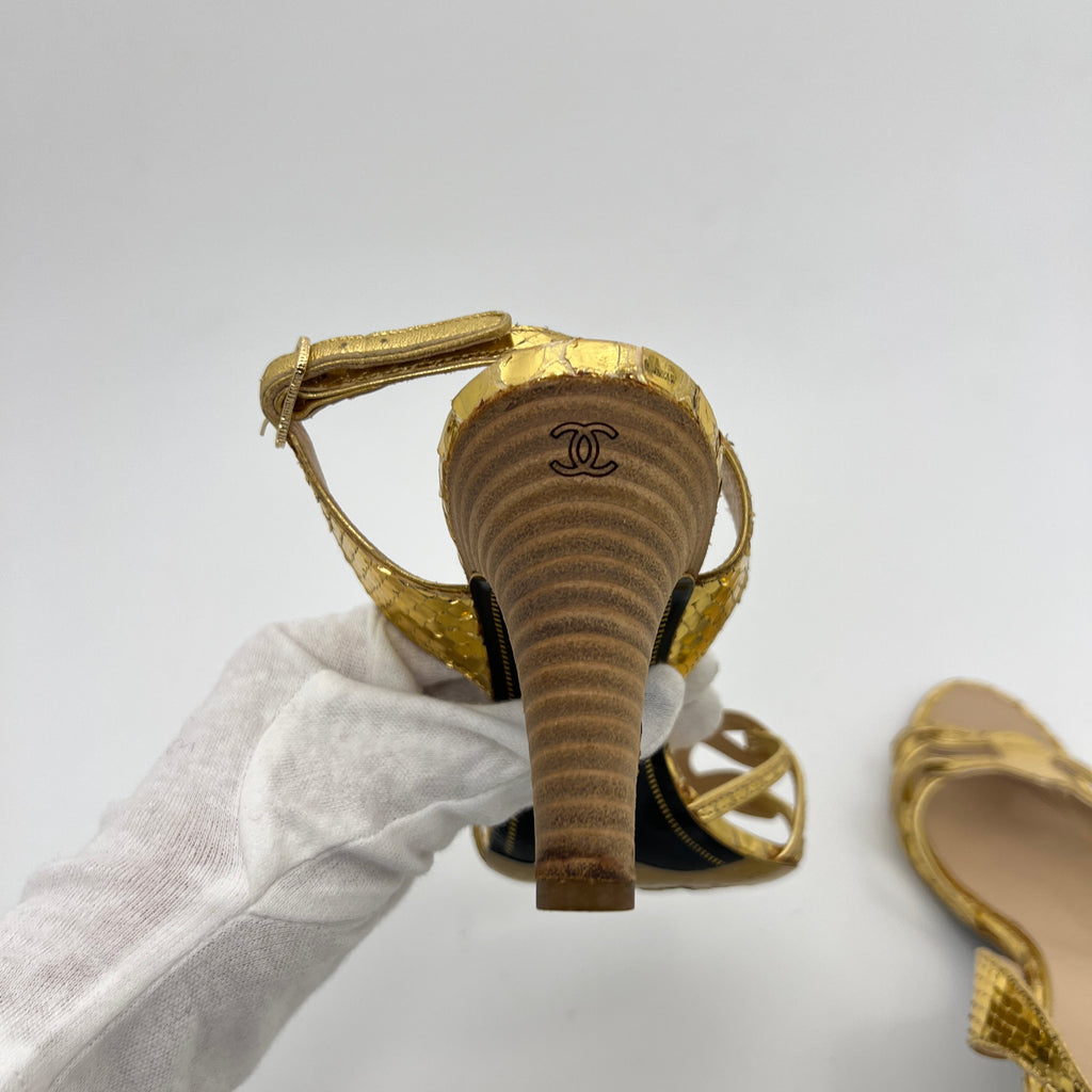 Chanel | Gold Metallic Snake Leather CC Logo Slingback Sandal Heels (37)