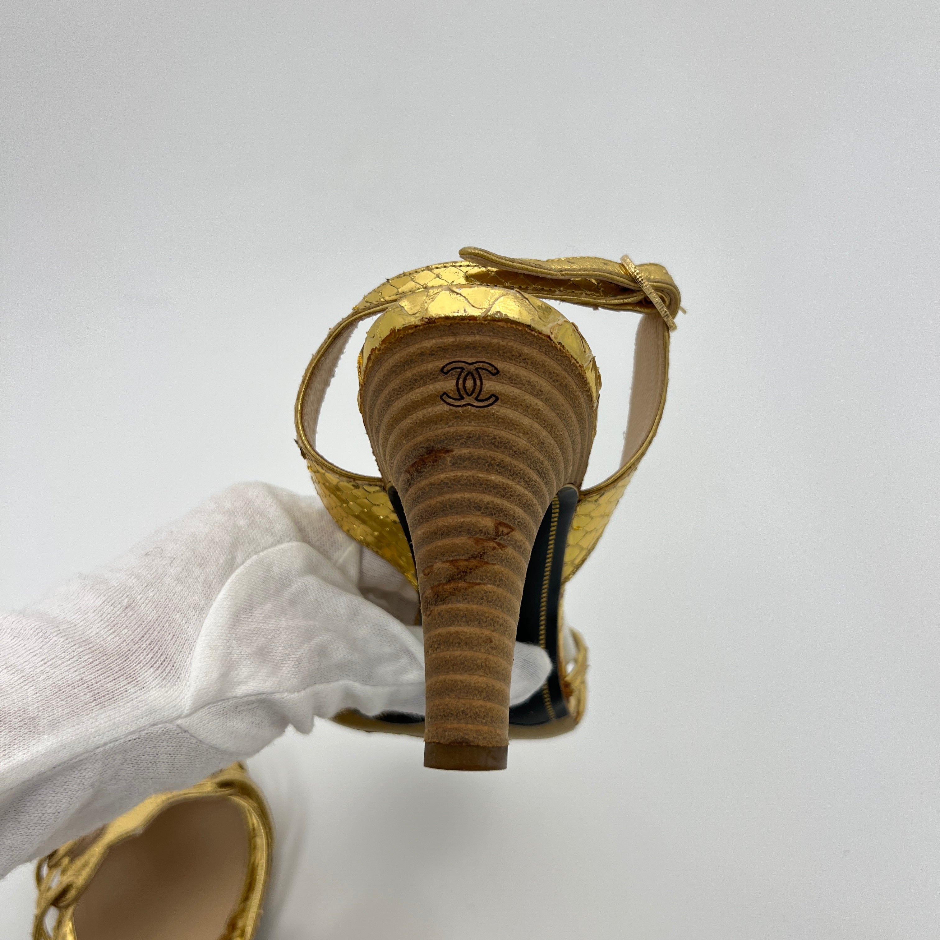 Chanel | Gold Metallic Snake Leather CC Logo Slingback Sandal Heels (37)
