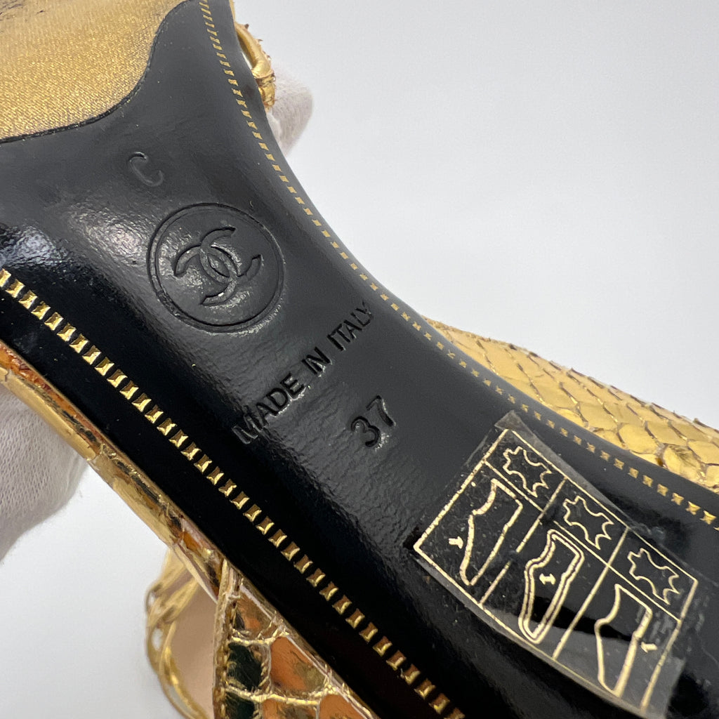 Chanel | Gold Metallic Snake Leather CC Logo Slingback Sandal Heels (37)