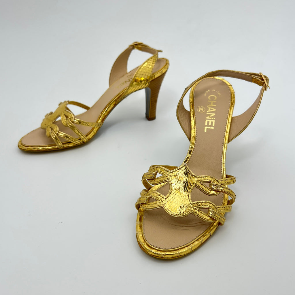 Chanel | Gold Metallic Snake Leather CC Logo Slingback Sandal Heels (37)