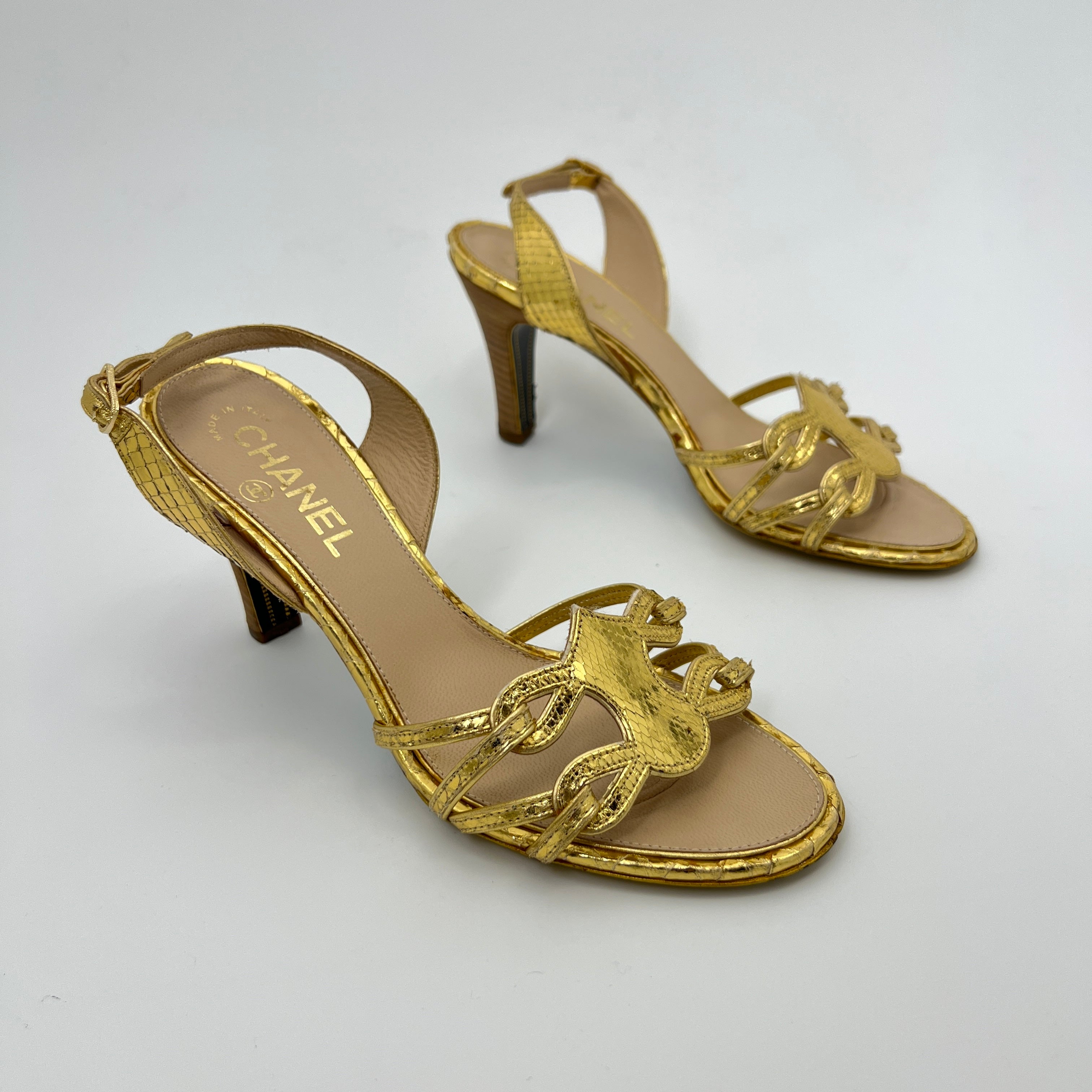 Chanel | Gold Metallic Snake Leather CC Logo Slingback Sandal Heels (37)