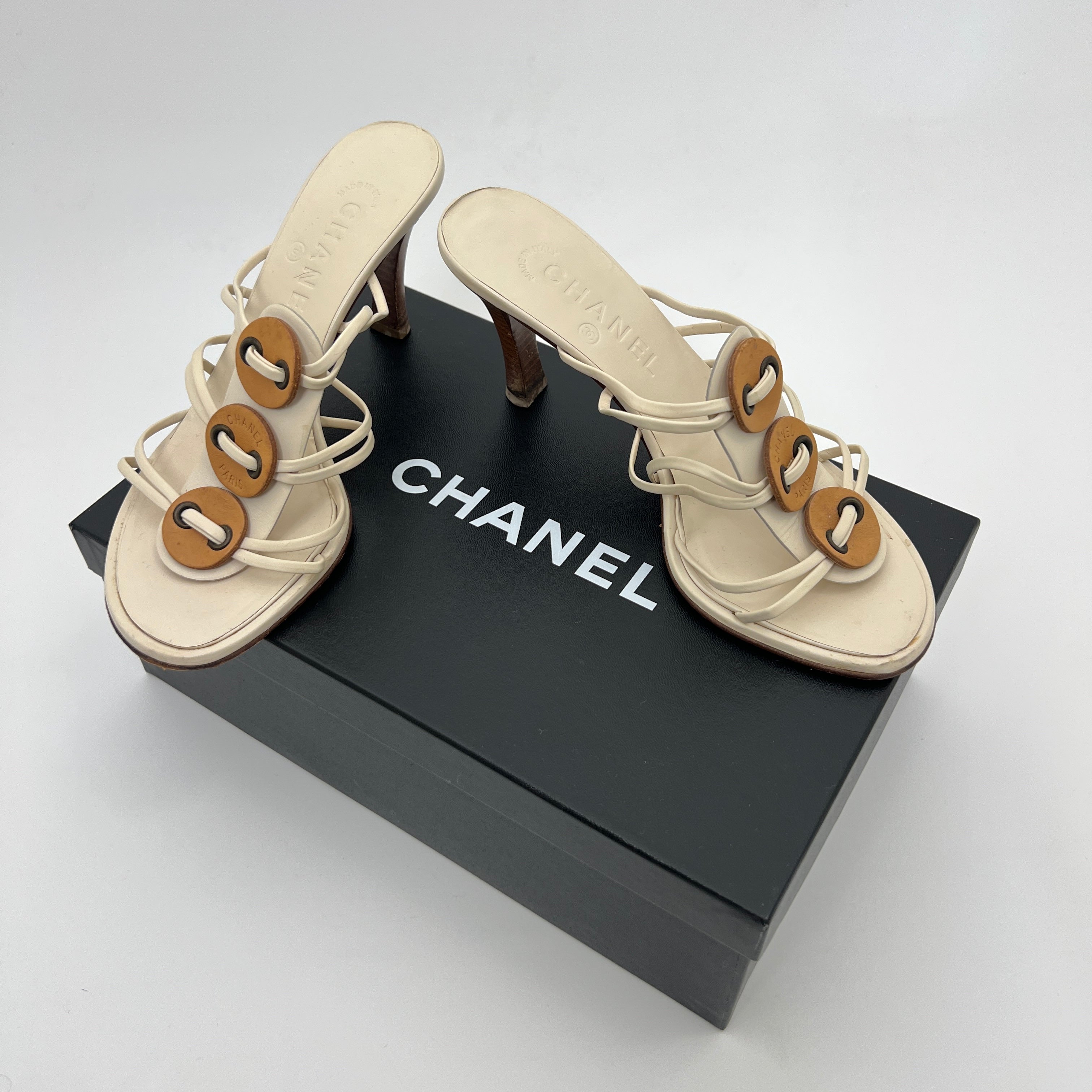 Chanel | White Cream Leather Strappy Beige Button Mule Sandal Heels (37)
