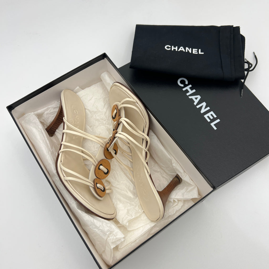 Chanel | White Cream Leather Strappy Beige Button Mule Sandal Heels (37)