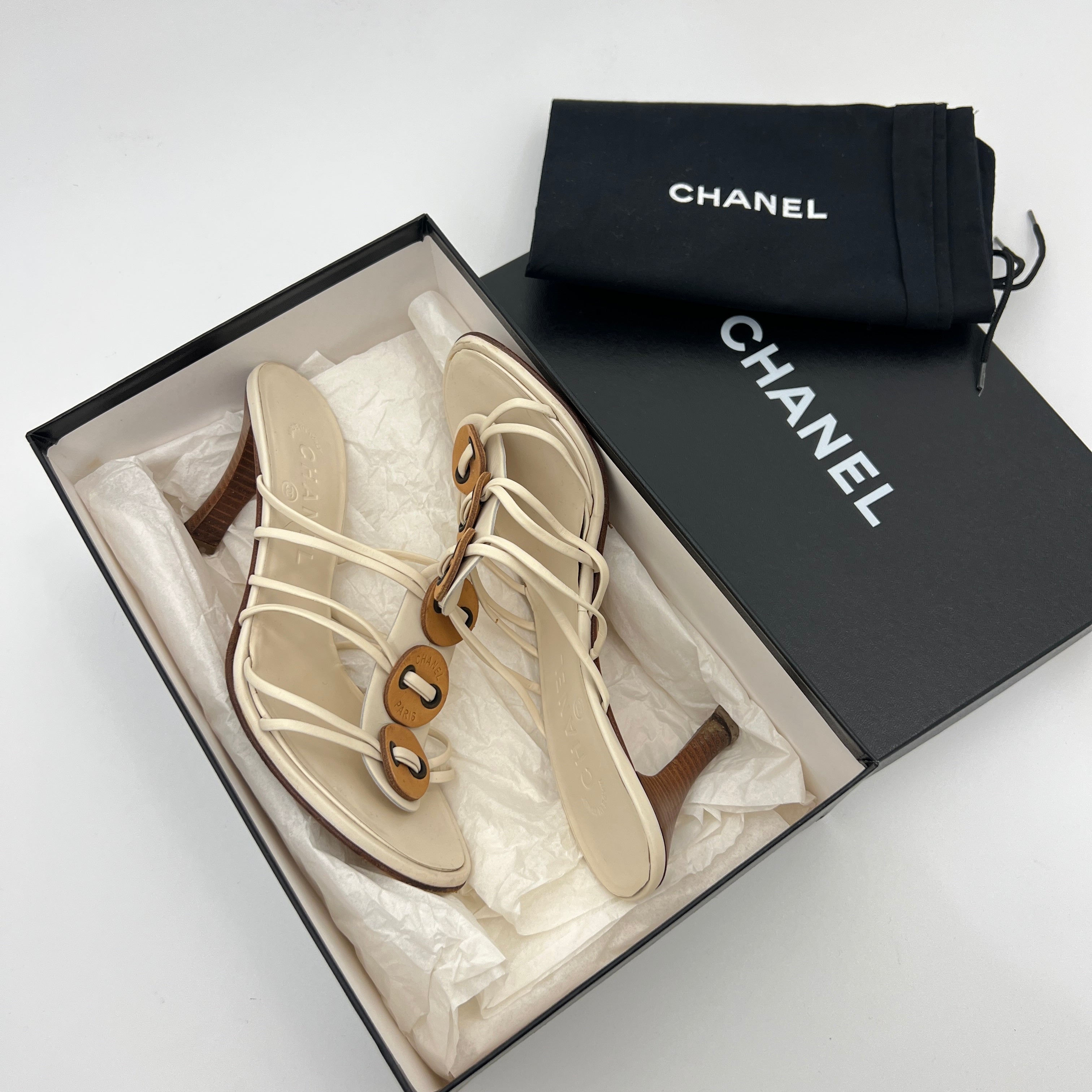 Chanel | White Cream Leather Strappy Beige Button Mule Sandal Heels (37)