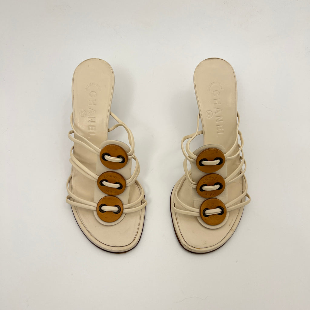 Chanel | White Cream Leather Strappy Beige Button Mule Sandal Heels (37)