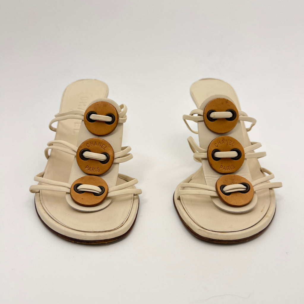 Chanel | White Cream Leather Strappy Beige Button Mule Sandal Heels (37)