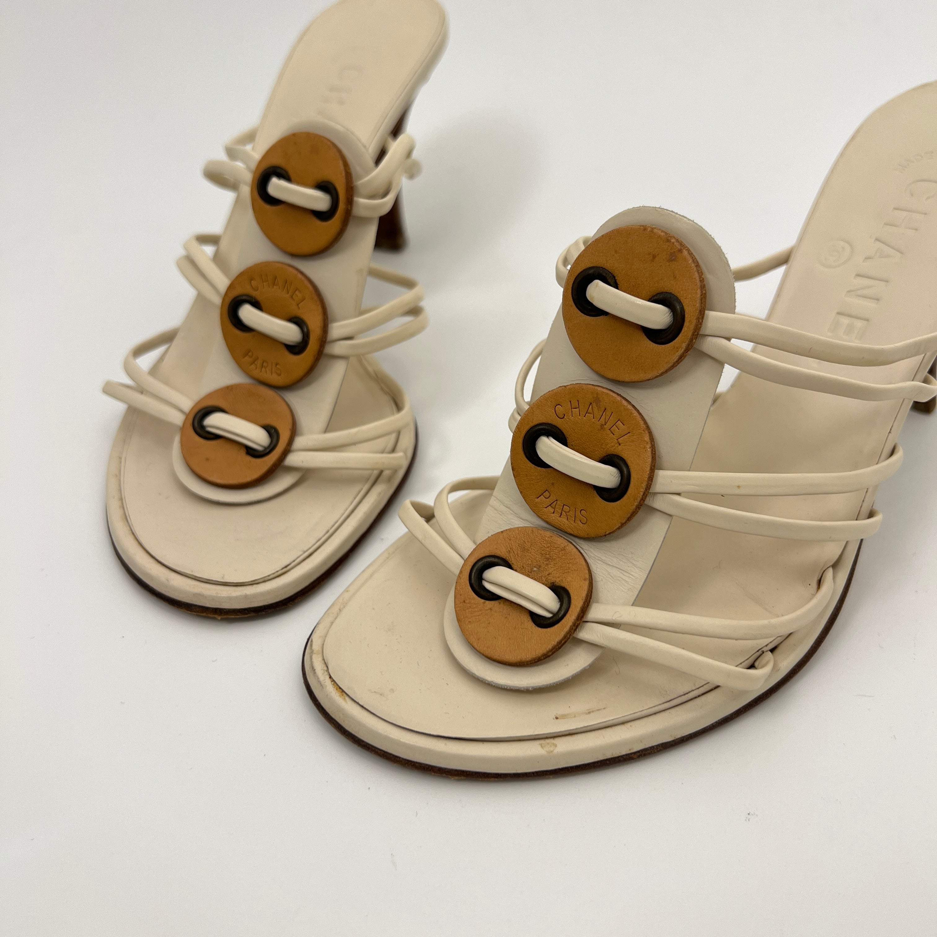 Chanel | White Cream Leather Strappy Beige Button Mule Sandal Heels (37)