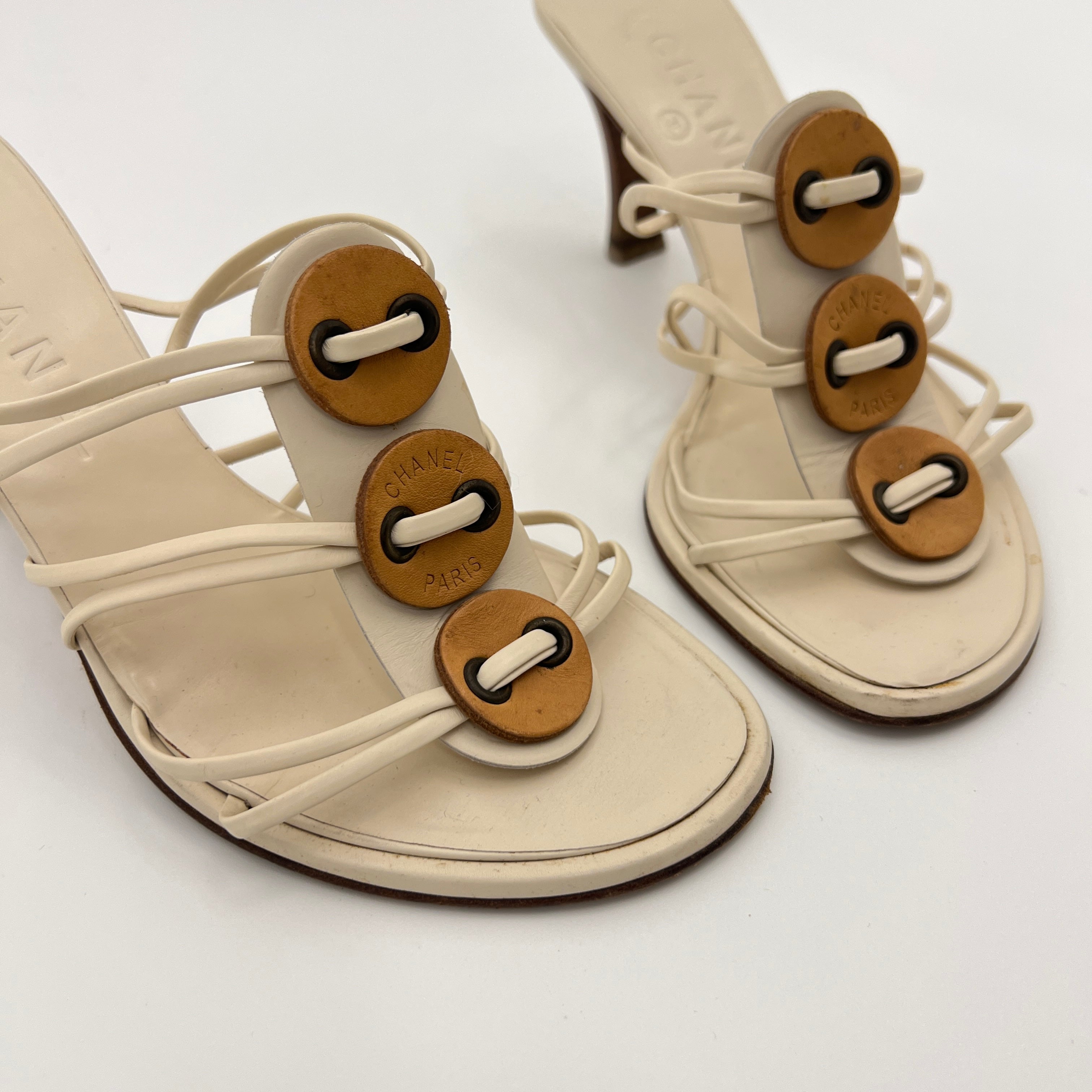 Chanel | White Cream Leather Strappy Beige Button Mule Sandal Heels (37)