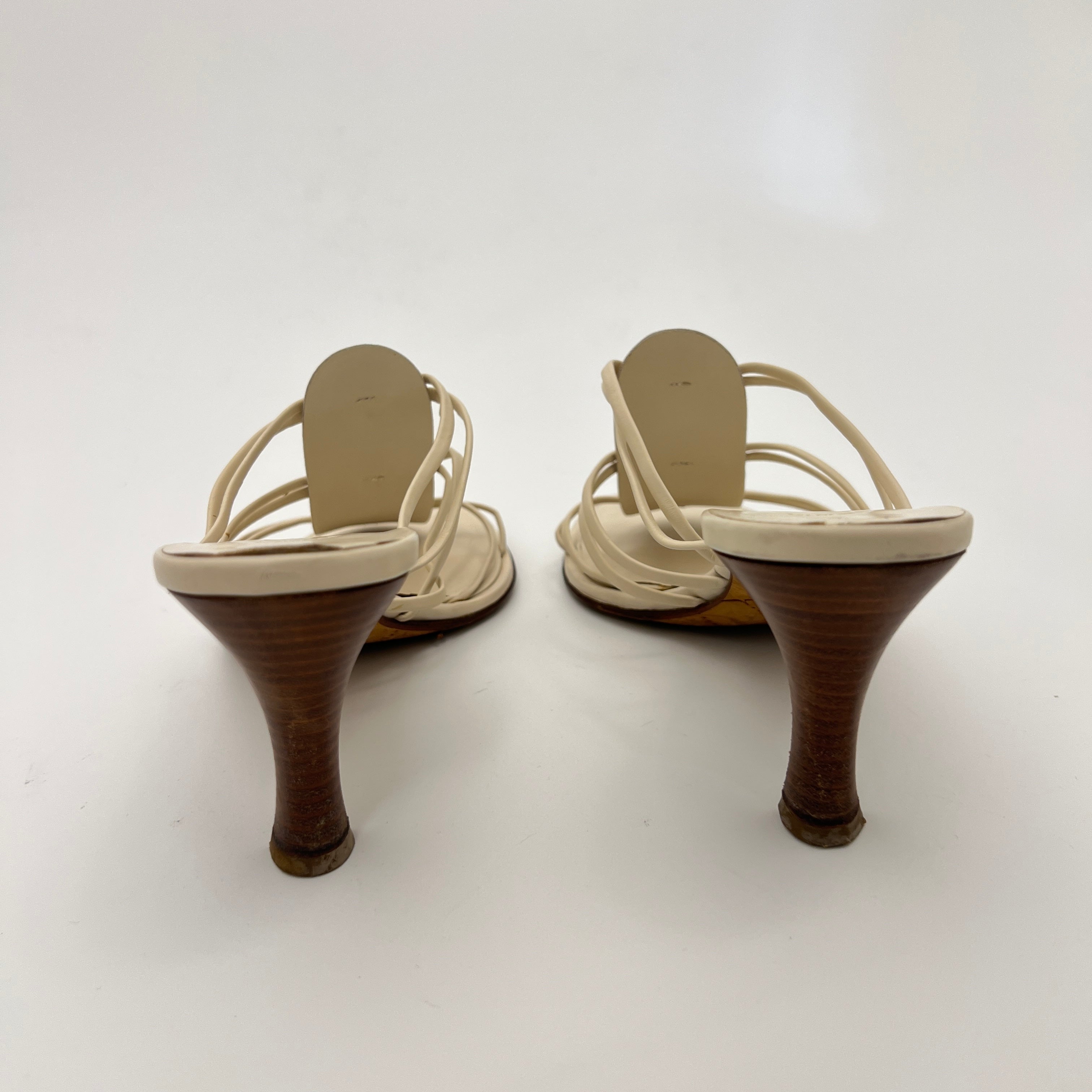 Chanel | White Cream Leather Strappy Beige Button Mule Sandal Heels (37)