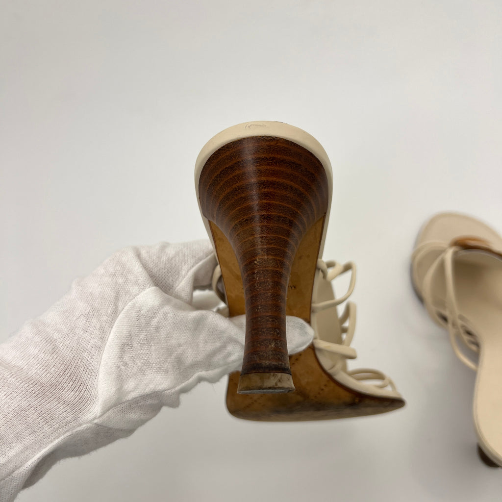 Chanel | White Cream Leather Strappy Beige Button Mule Sandal Heels (37)