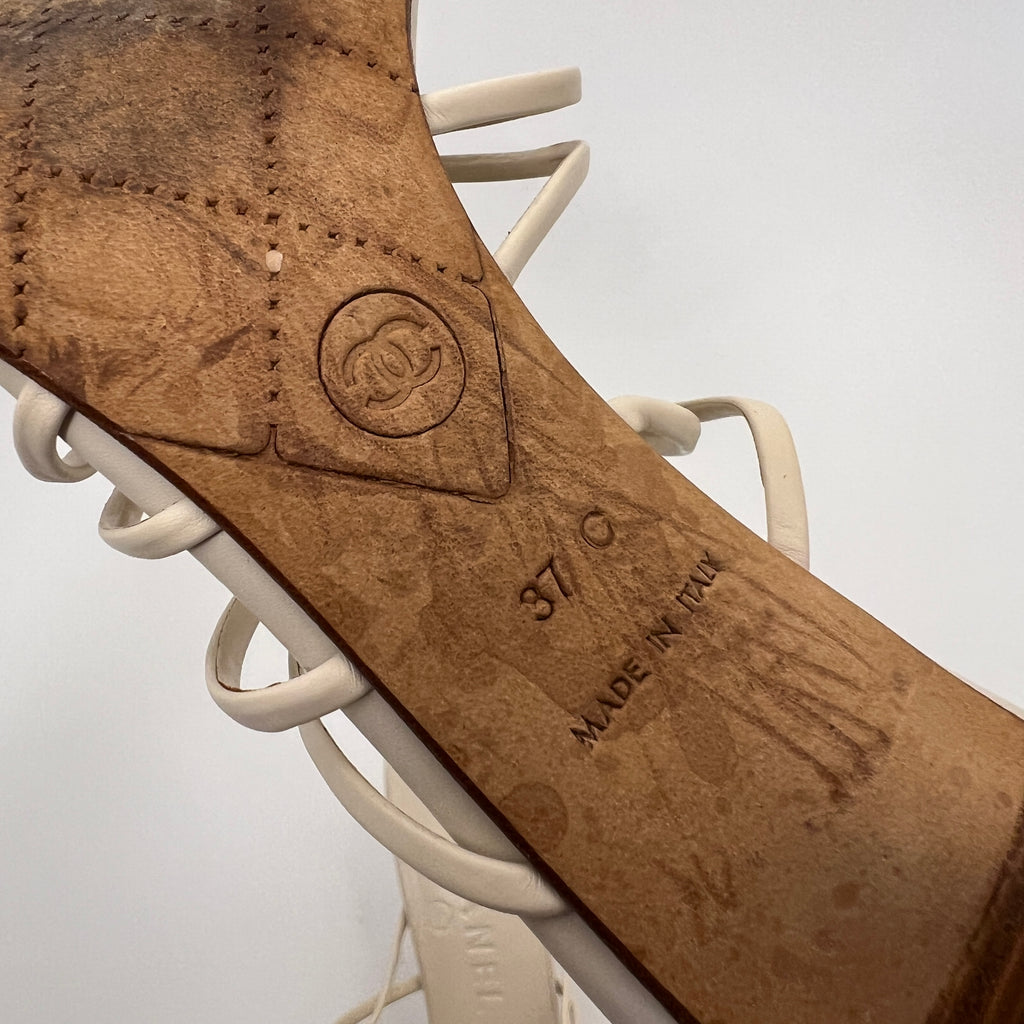 Chanel | White Cream Leather Strappy Beige Button Mule Sandal Heels (37)