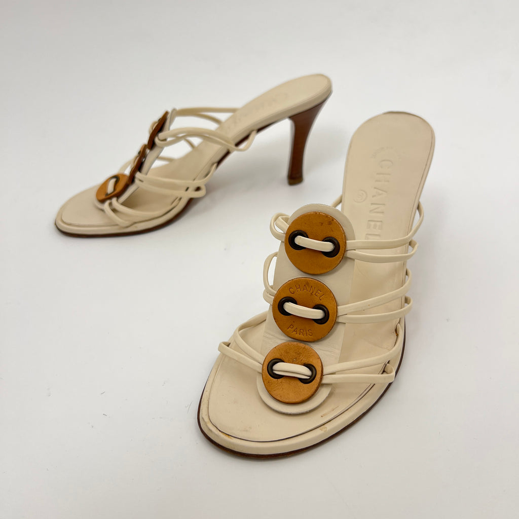 Chanel | White Cream Leather Strappy Beige Button Mule Sandal Heels (37)