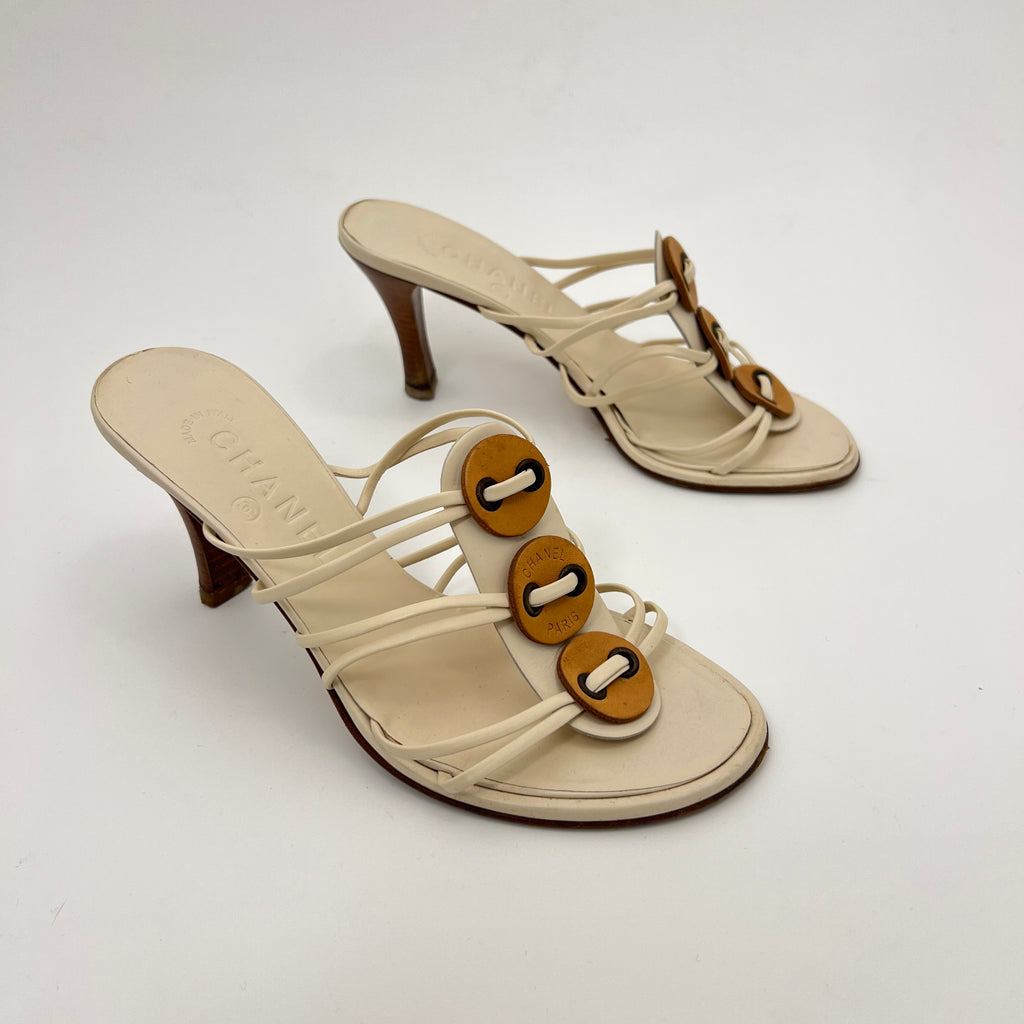 Chanel | White Cream Leather Strappy Beige Button Mule Sandal Heels (37)