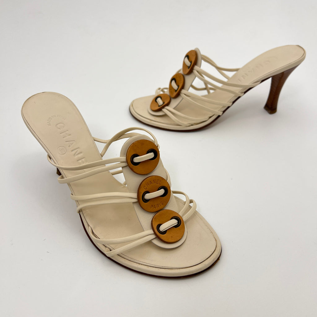 Chanel | White Cream Leather Strappy Beige Button Mule Sandal Heels (37)