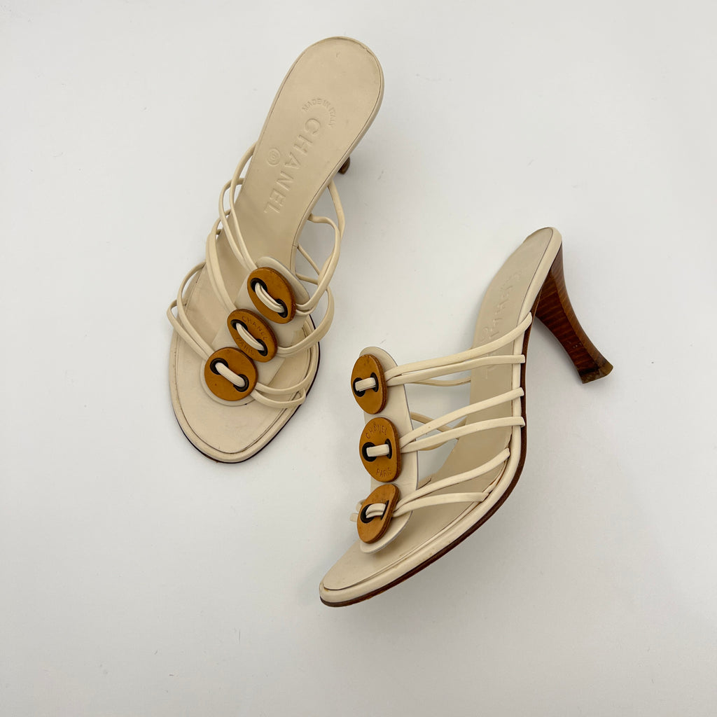 Chanel | White Cream Leather Strappy Beige Button Mule Sandal Heels (37)