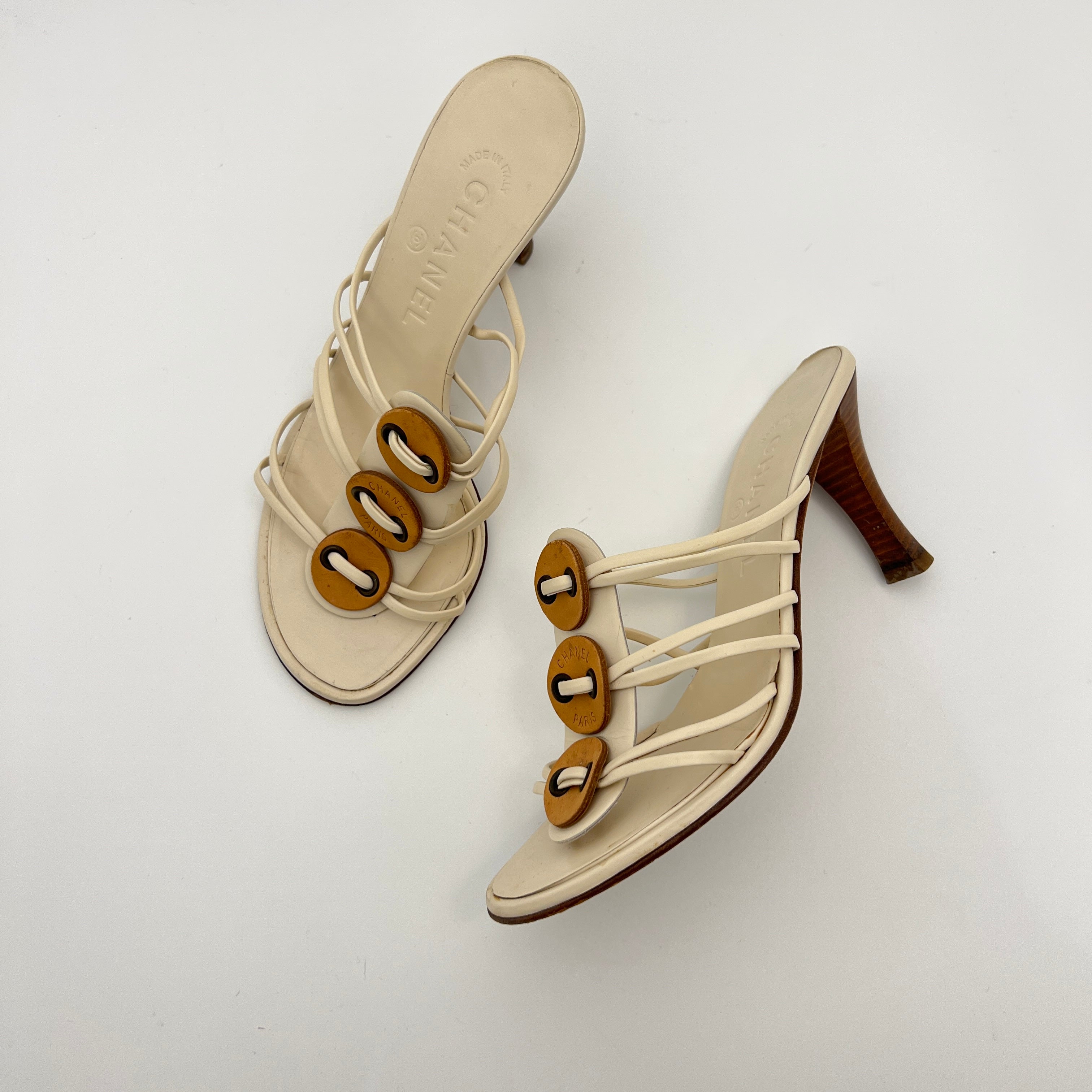 Chanel | White Cream Leather Strappy Beige Button Mule Sandal Heels (37)