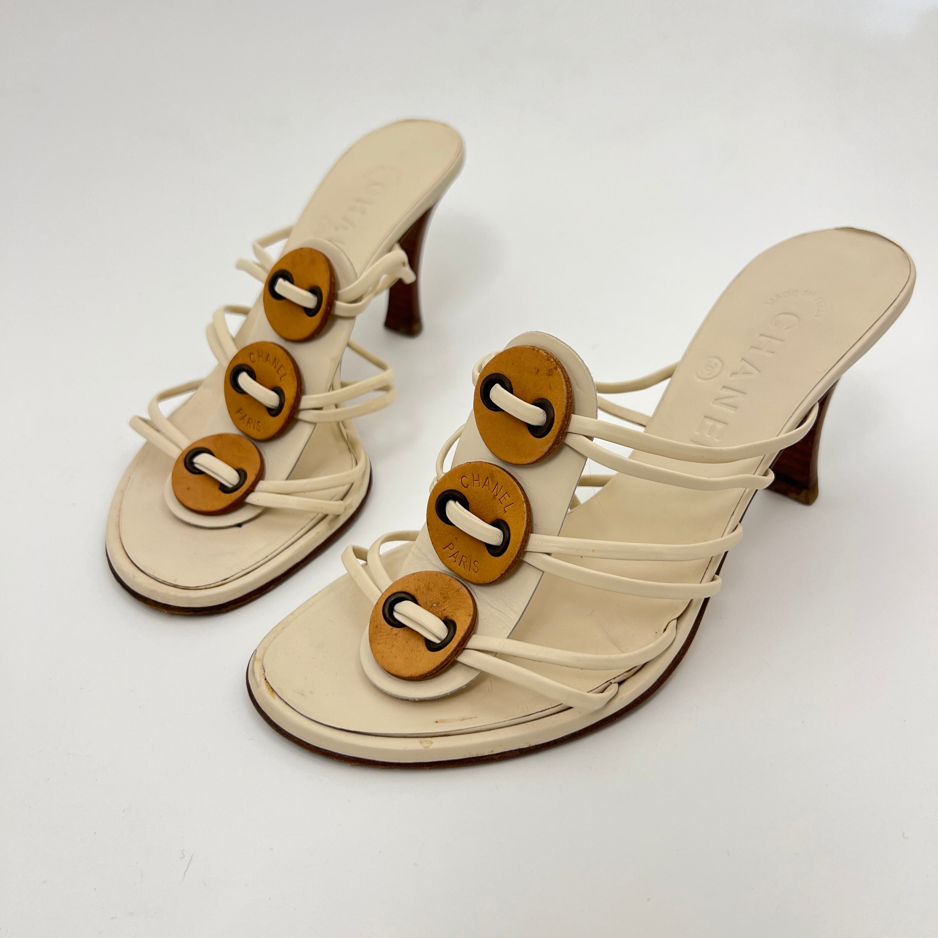 Chanel | White Cream Leather Strappy Beige Button Mule Sandal Heels (37)