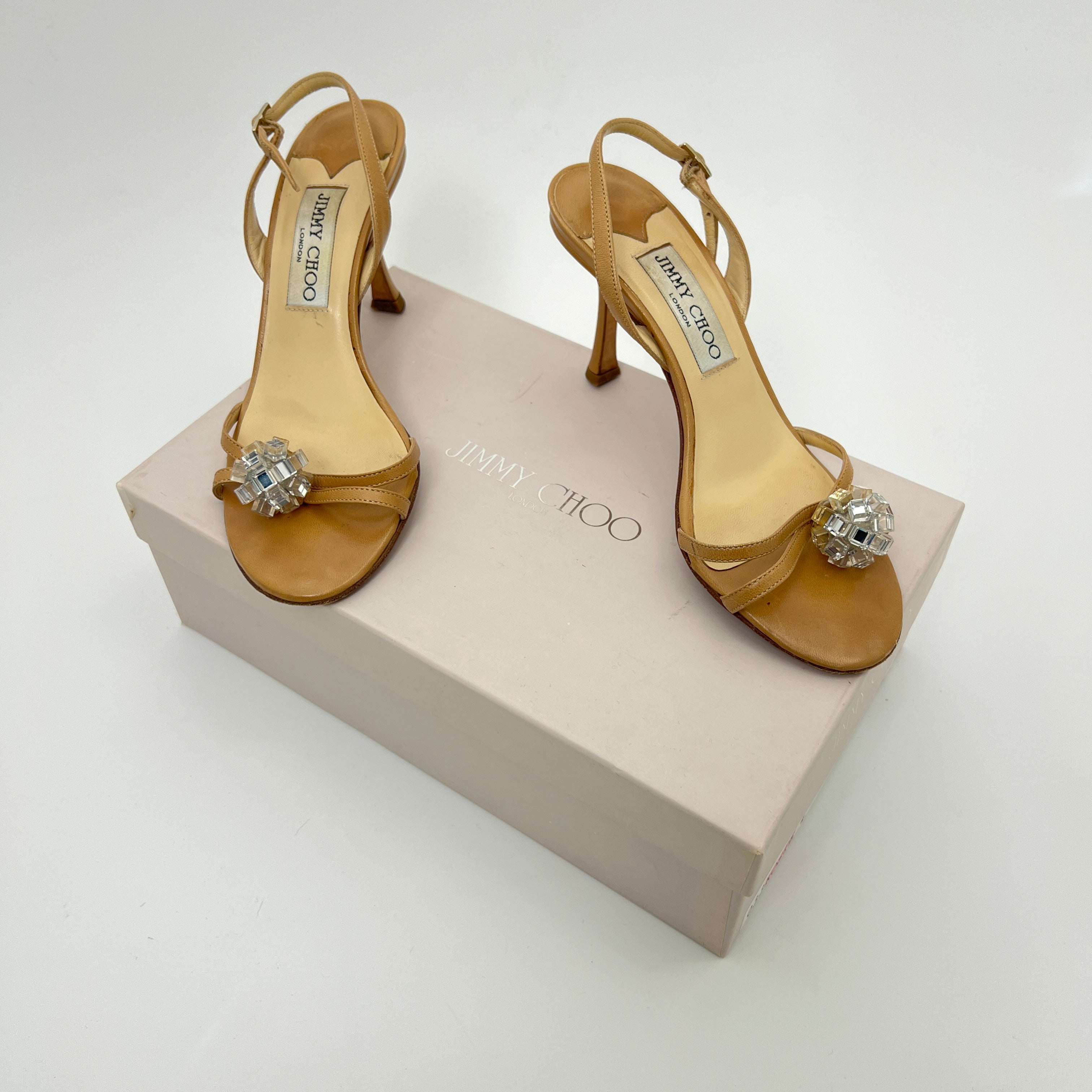 Jimmy Choo | Camel Tan Leather Mirror Ball Appliqué Strappy Slingback (35.5)