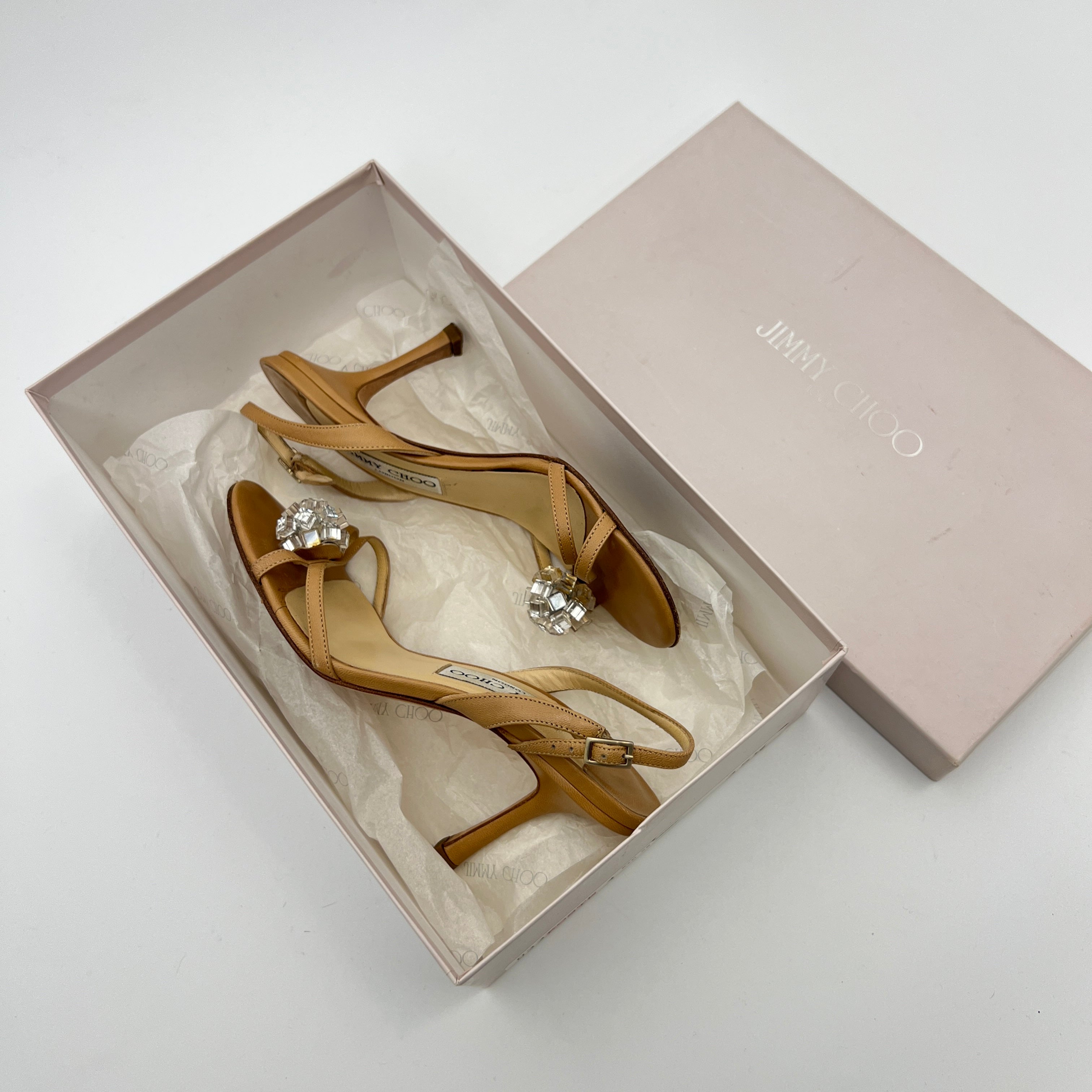 Jimmy Choo | Camel Tan Leather Mirror Ball Appliqué Strappy Slingback (35.5)