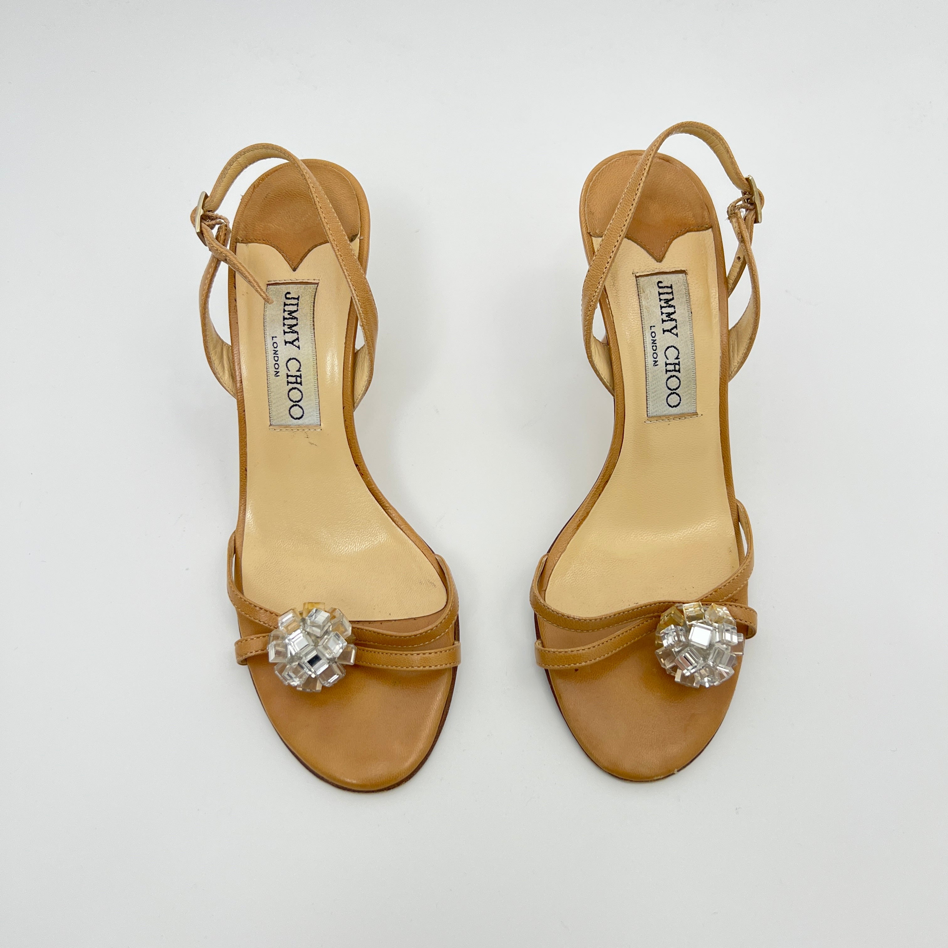 Jimmy Choo | Camel Tan Leather Mirror Ball Appliqué Strappy Slingback (35.5)