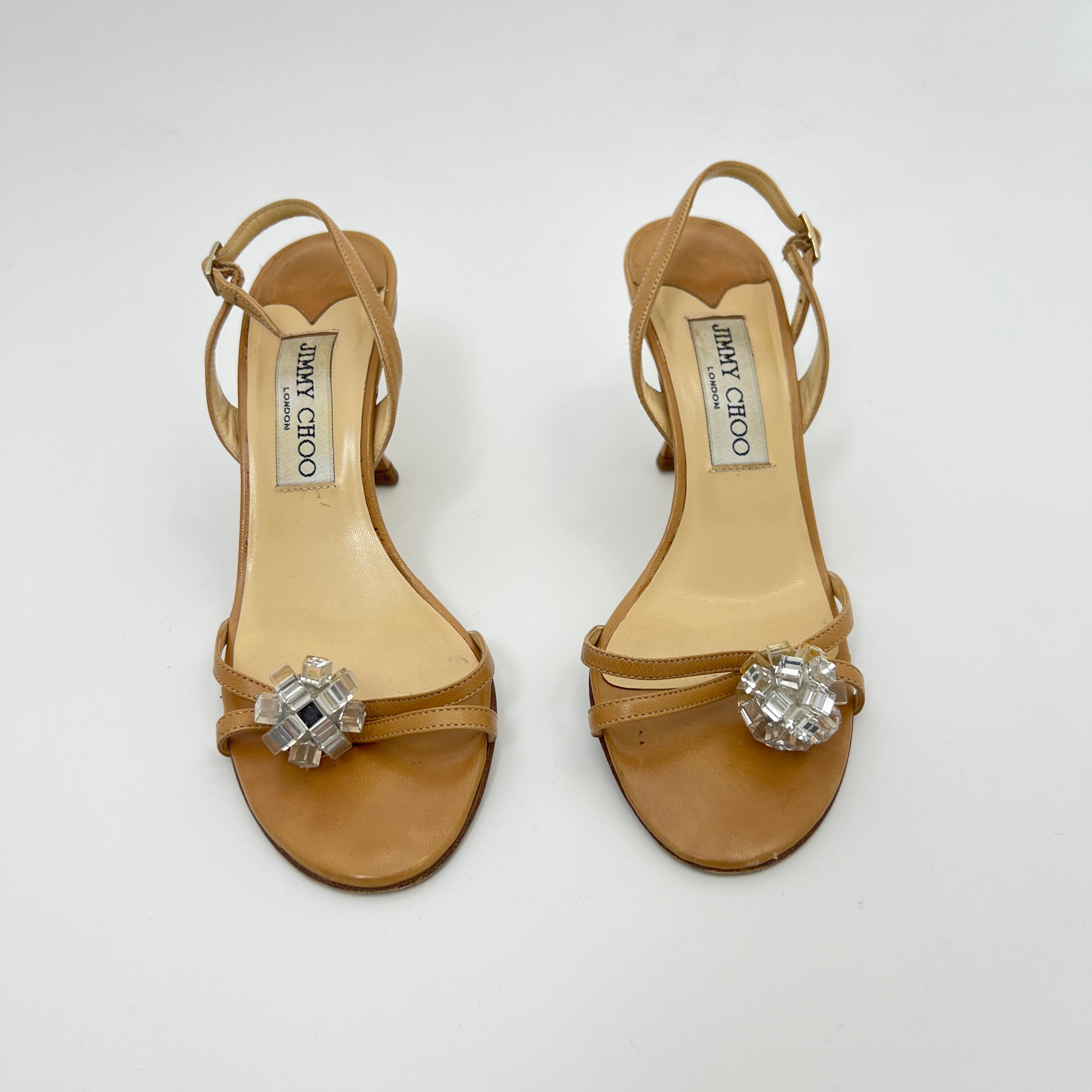 Jimmy Choo | Camel Tan Leather Mirror Ball Appliqué Strappy Slingback (35.5)